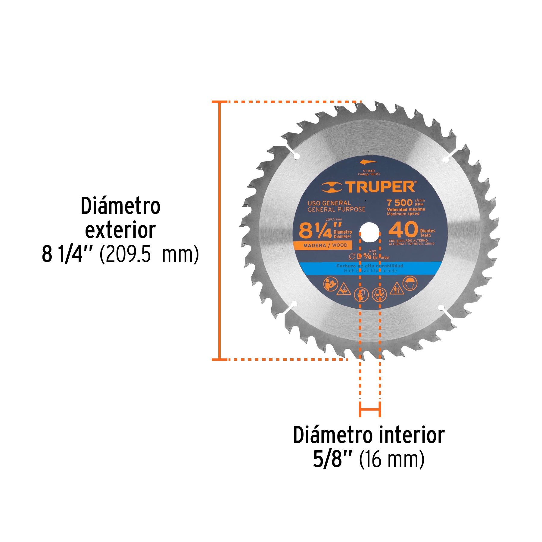 Disco sierra 8-1/4" para madera, 40 dientes centro 5/8"