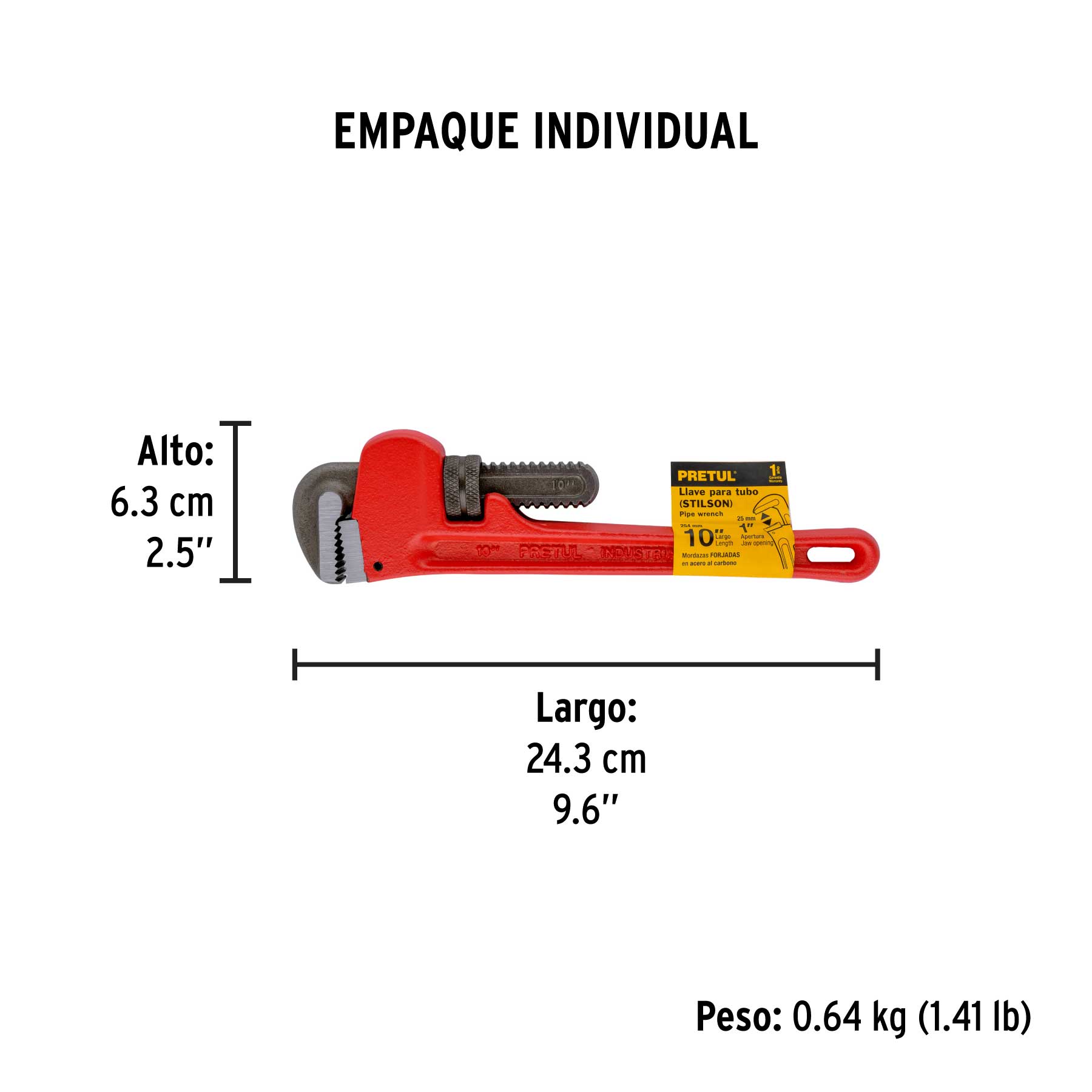 Llave stilson 10" cuerpo de hierro maleable, PRETUL - Empaque