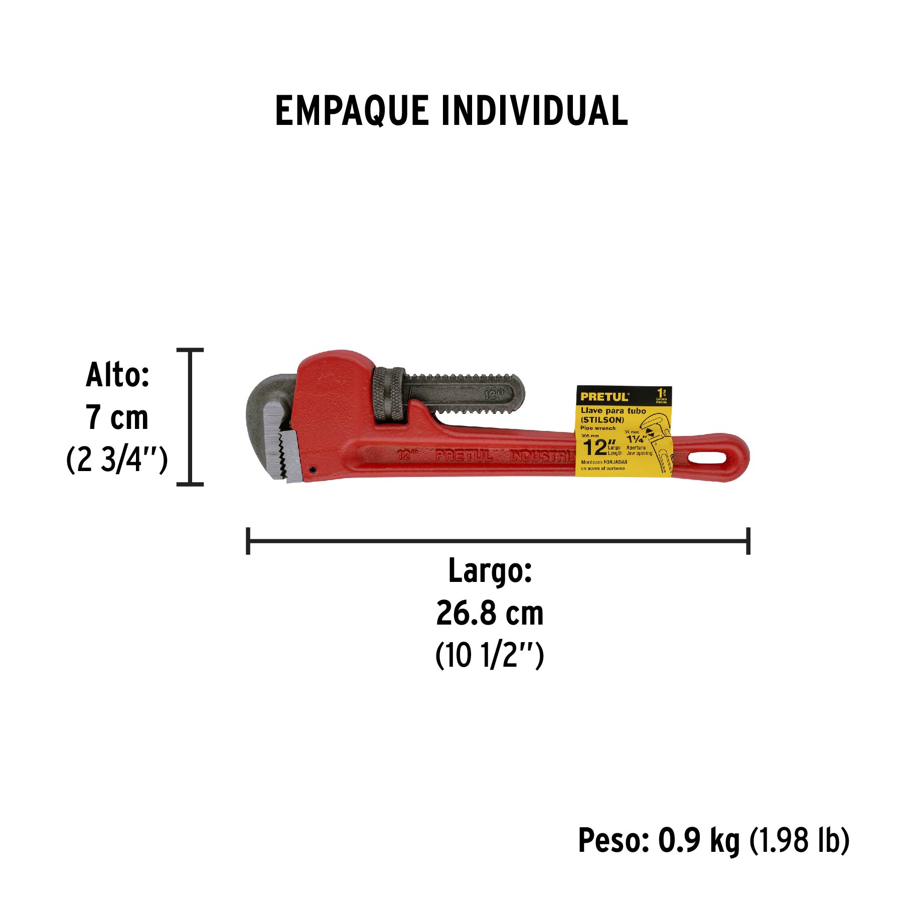 Llave stilson 12" cuerpo de hierro maleable, PRETUL - Empaque