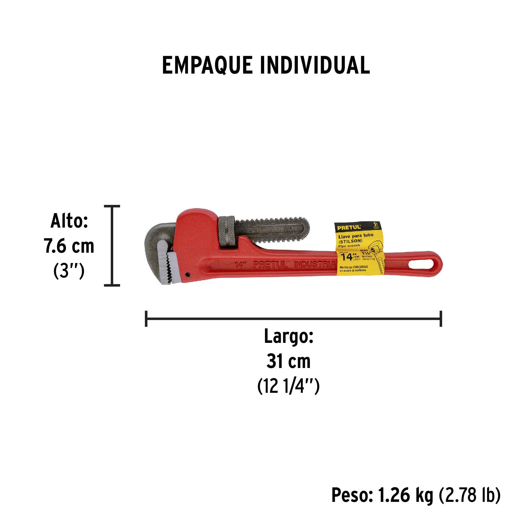 Llave stilson 14" cuerpo de hierro maleable, PRETUL - Empaque
