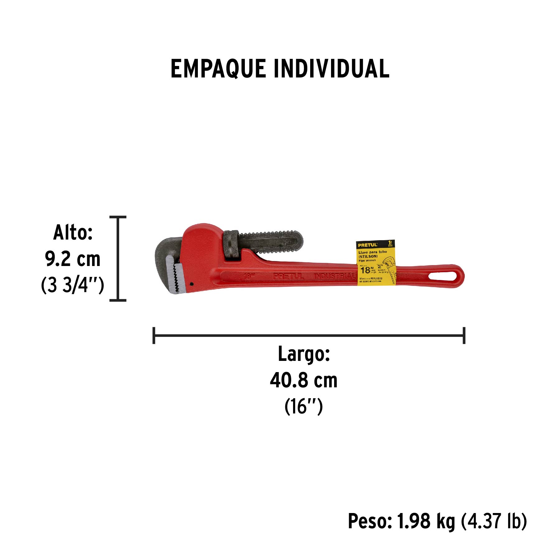 Llave stilson 18" cuerpo de hierro maleable, PRETUL - Empaque