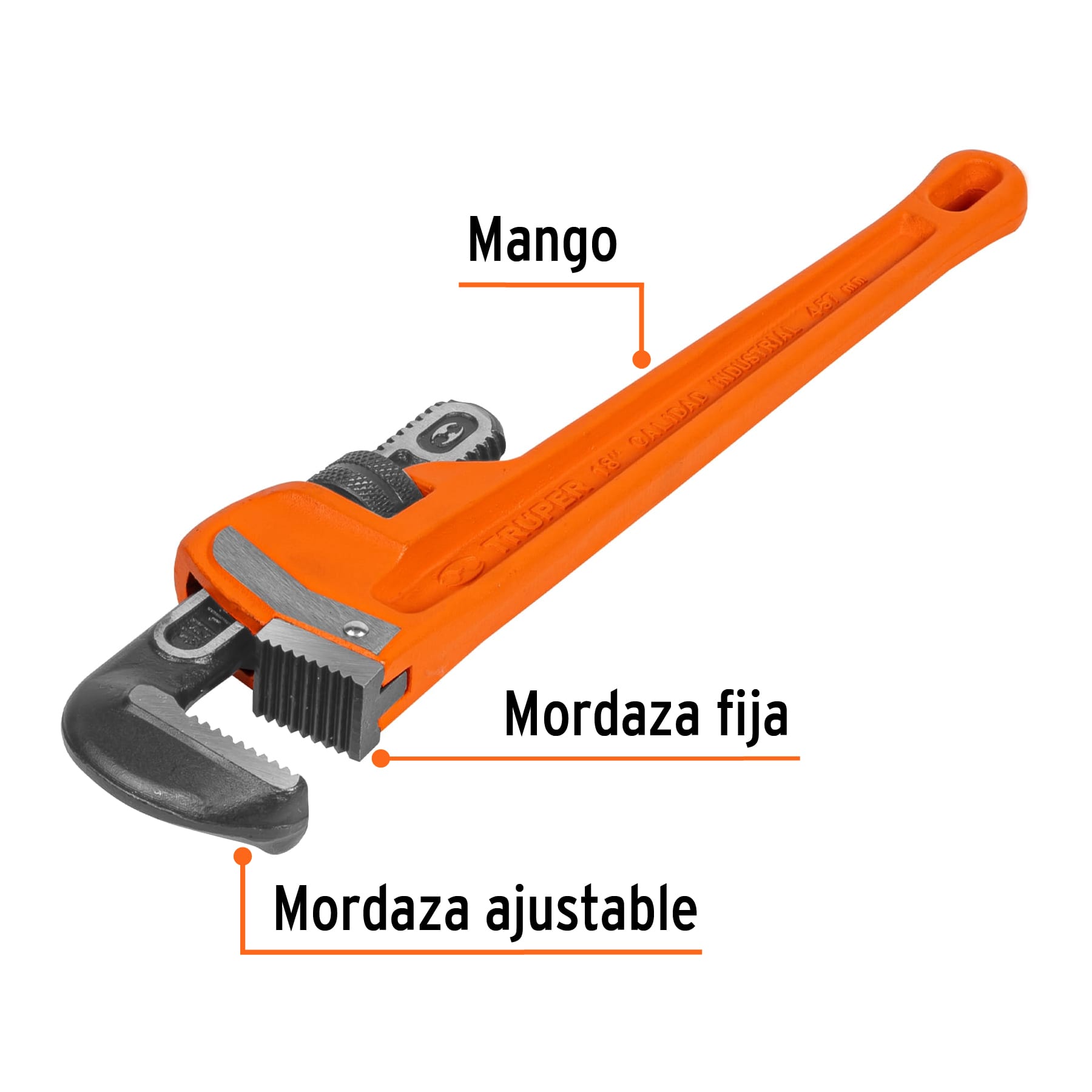 Llave stilson 18" cuerpo robusto de hierro dúctil, TRUPER