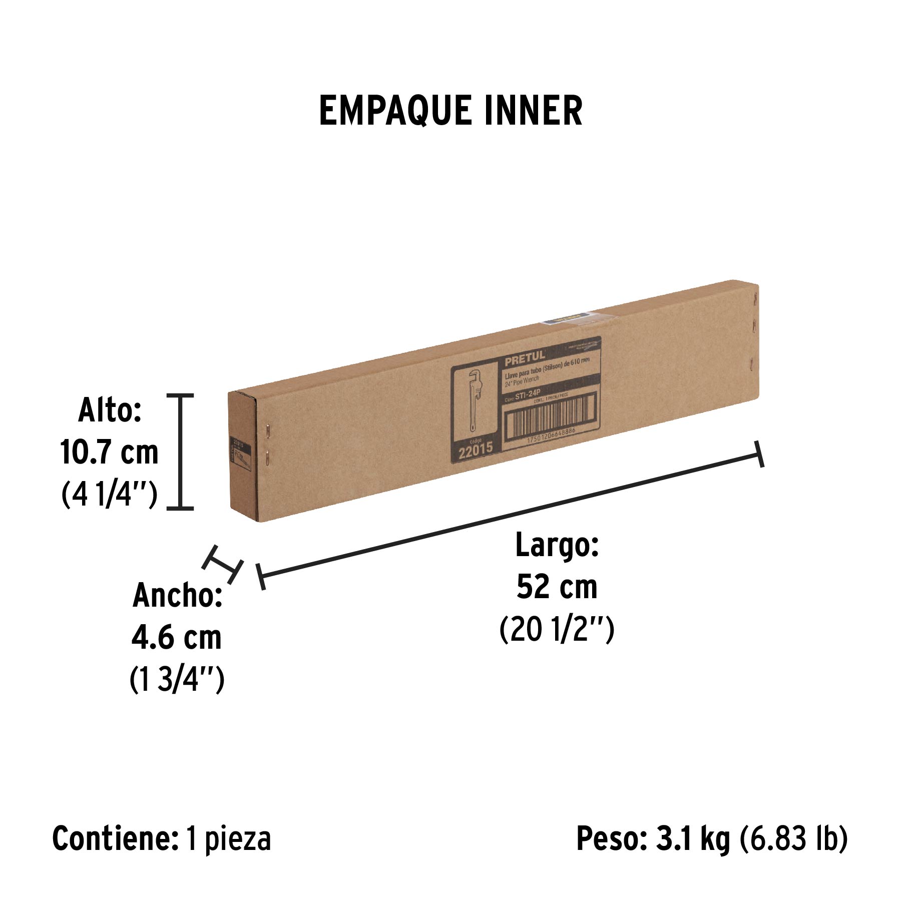 Llave stilson 24" cuerpo de hierro maleable, PRETUL - Empaque