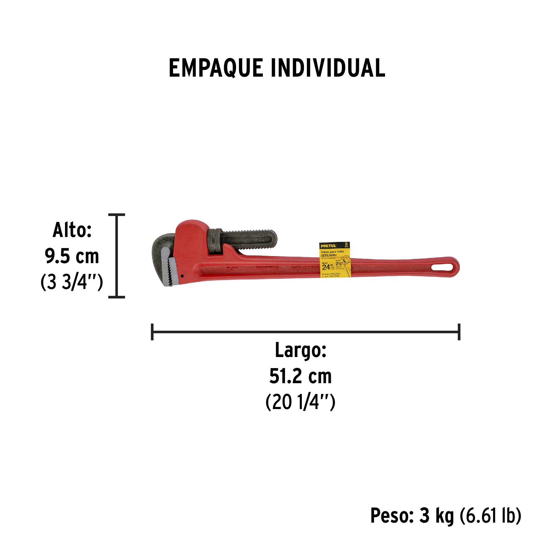 Llave stilson 24" cuerpo de hierro maleable, PRETUL - Empaque