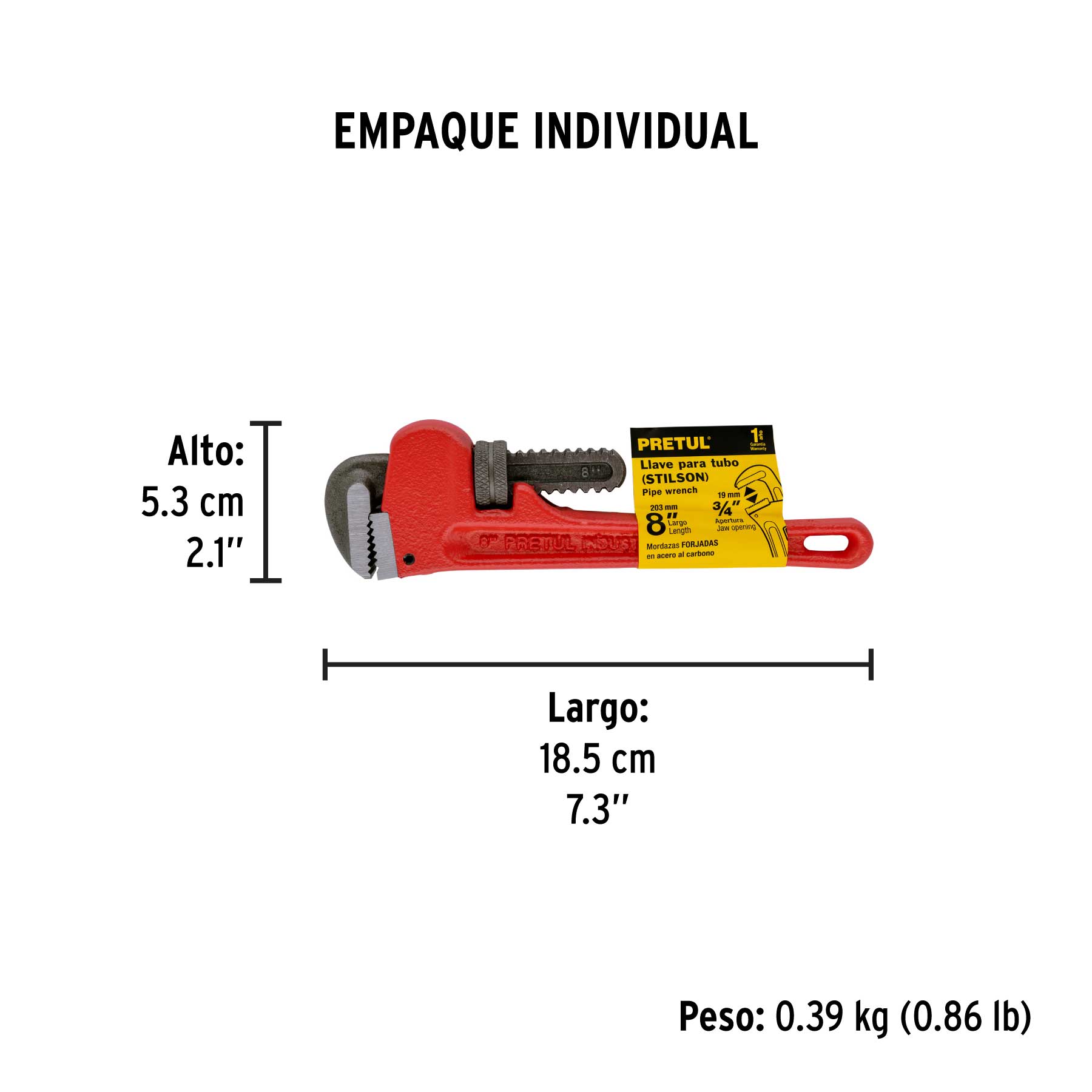Llave stilson 8" cuerpo de hierro maleable, PRETUL - Empaque