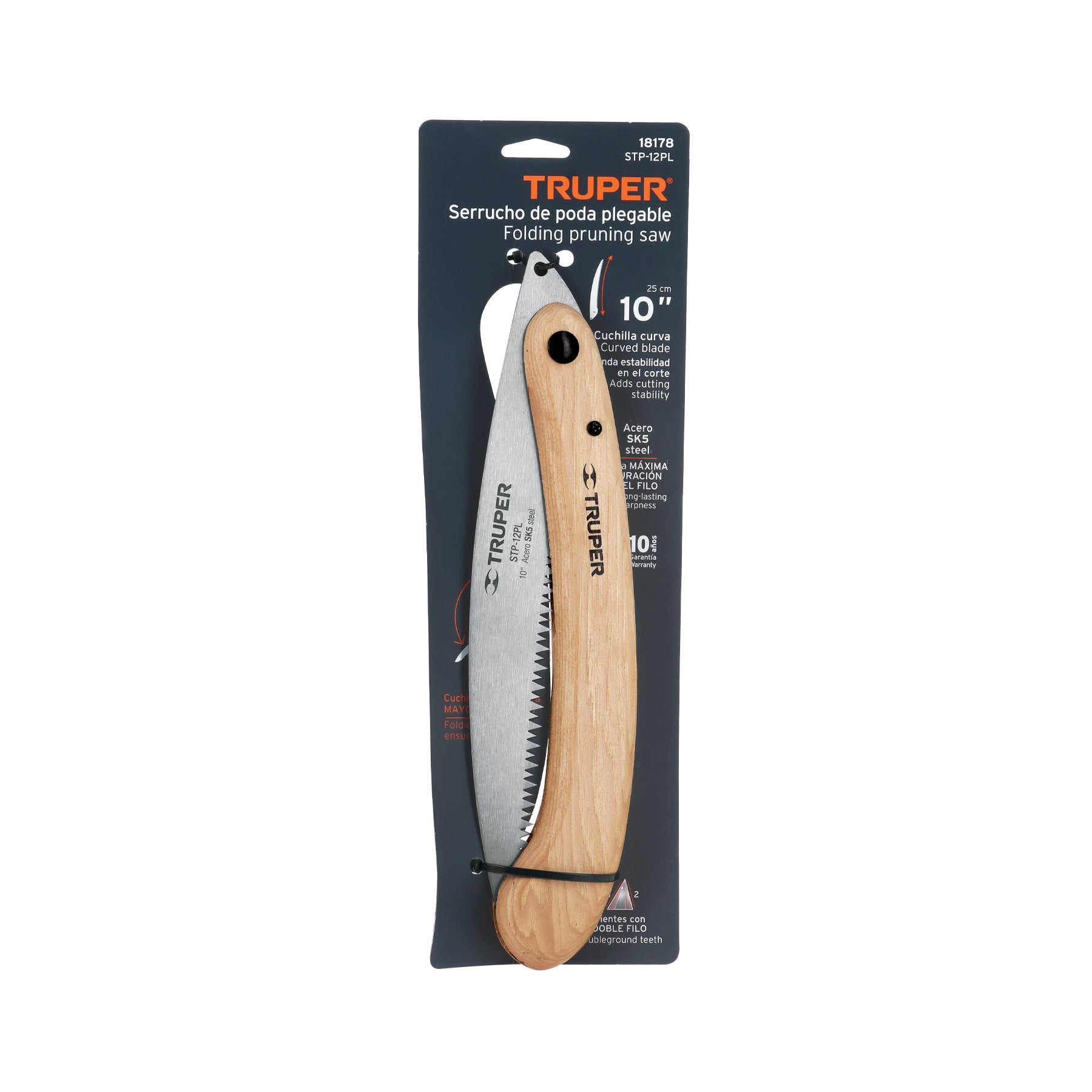 Serrucho plegable 10" hoja curva 6 DPP, mango madera, TRUPER