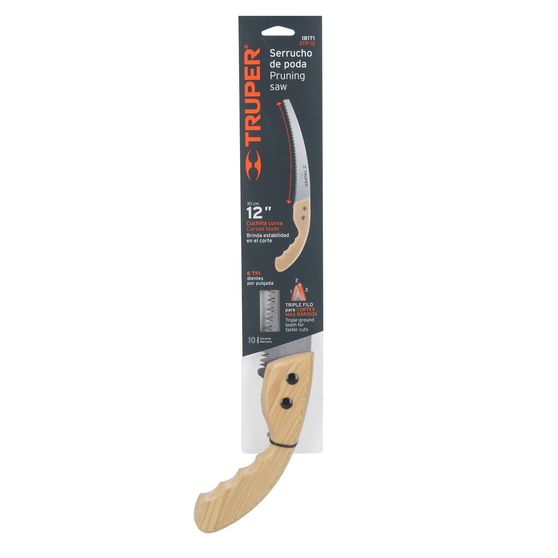 Serrucho de poda 12",hoja curva,6 DPP, mango madera, TRUPER