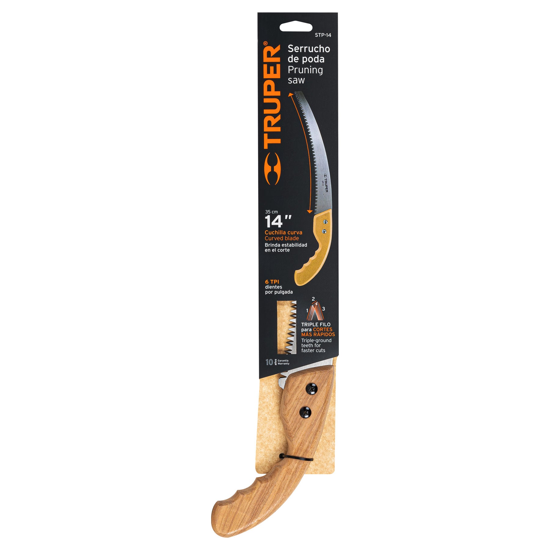 Serrucho de poda 14",hoja curva,6 DPP, mango madera, TRUPER