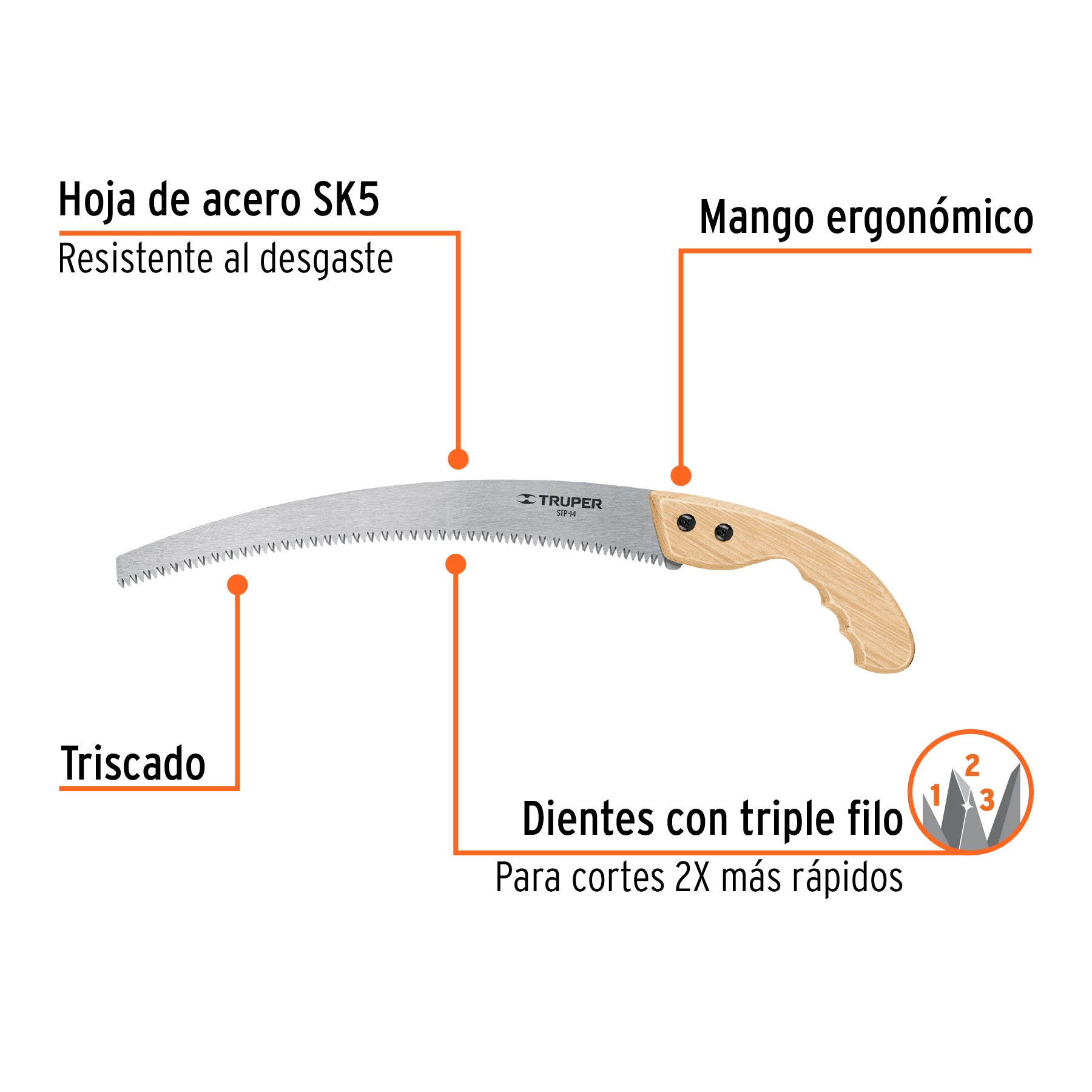Serrucho de poda 14",hoja curva,6 DPP, mango madera, TRUPER
