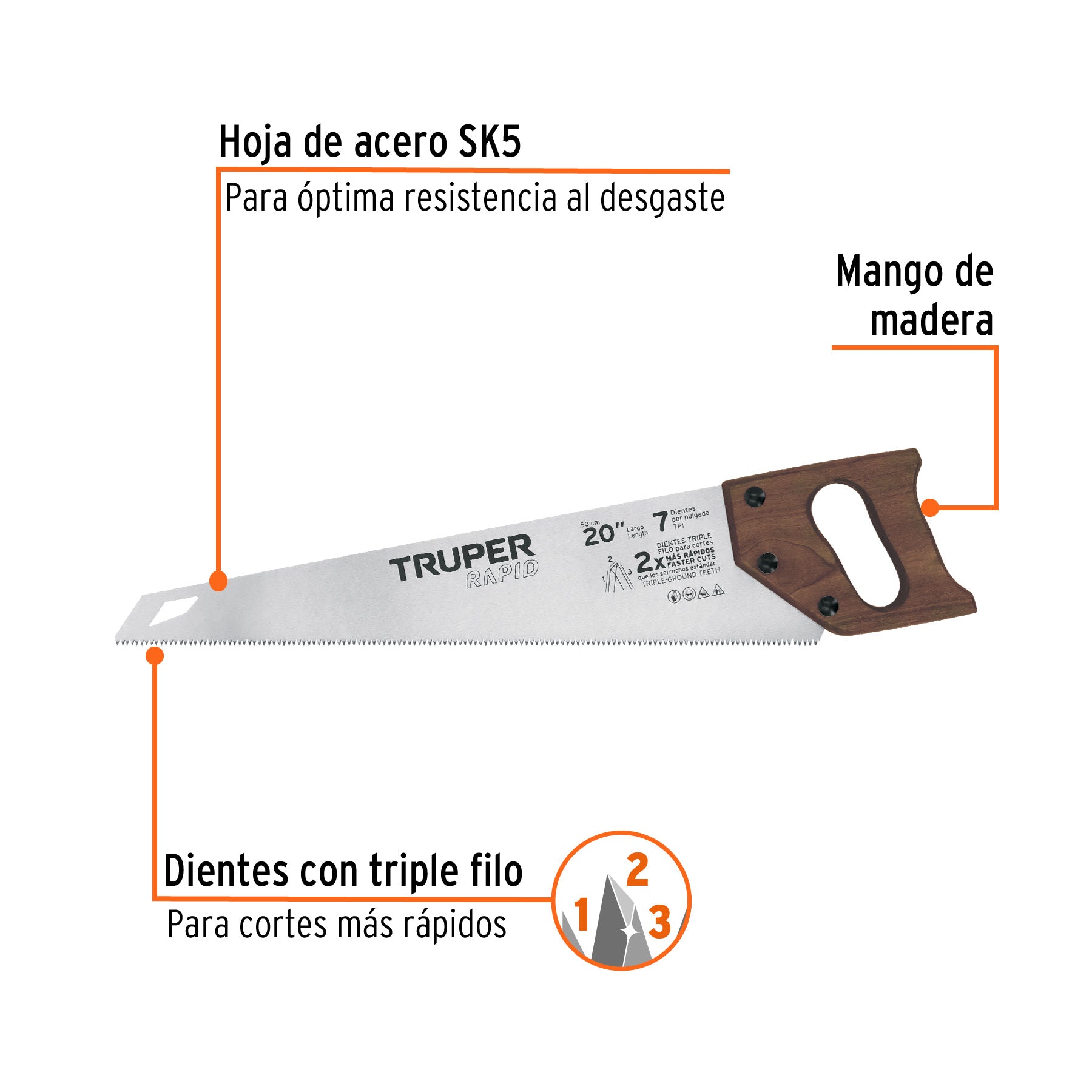 Serrucho Rapid 20", 7 DPP, mango de madera, TRUPER