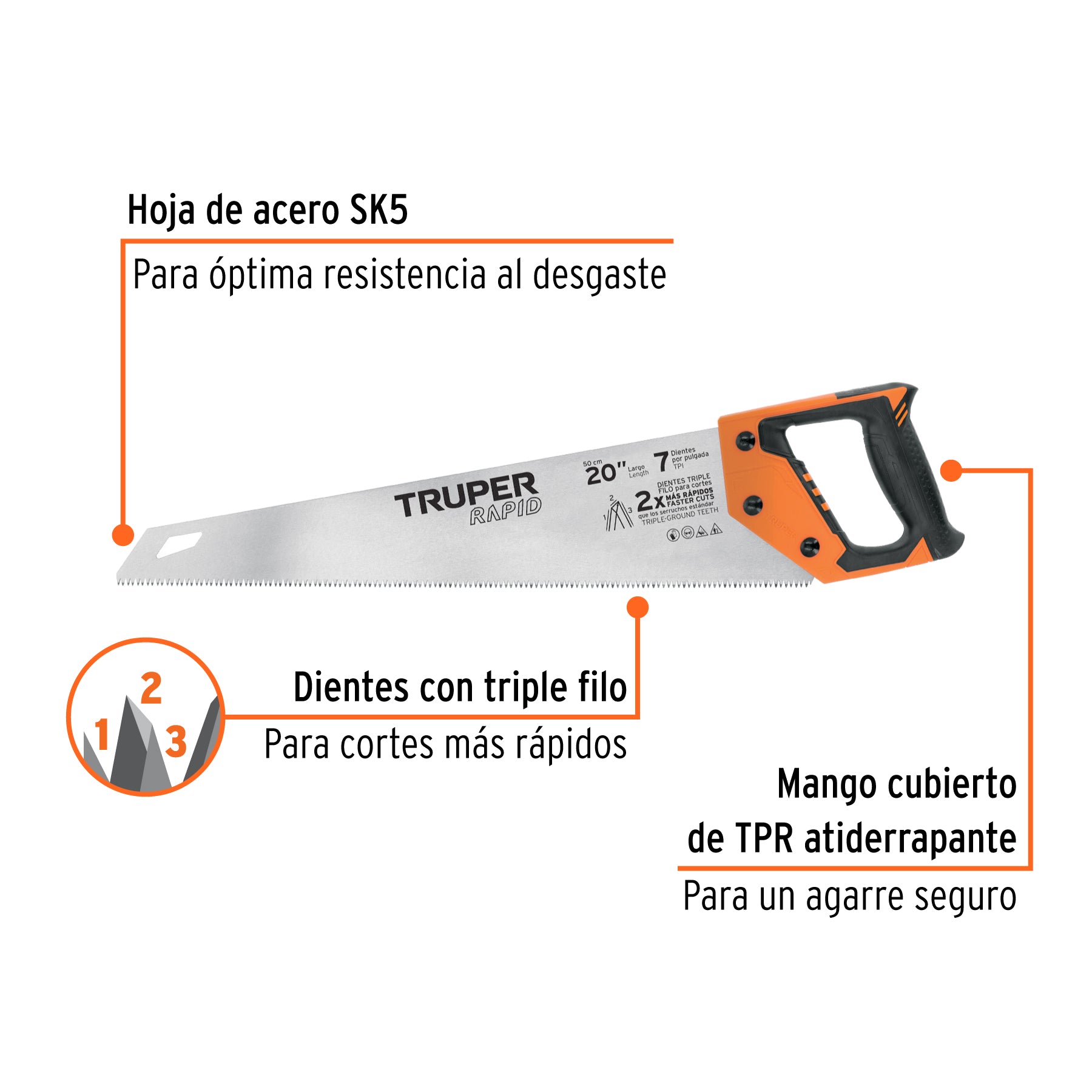 Serrucho Rapid 20", 7 DPP, mango Comfort grip, TRUPER