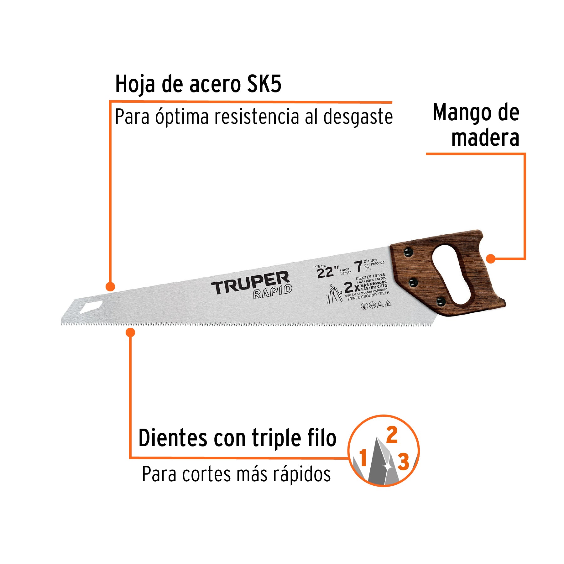 Serrucho Rapid 22", 7 DPP, mango de madera, TRUPER