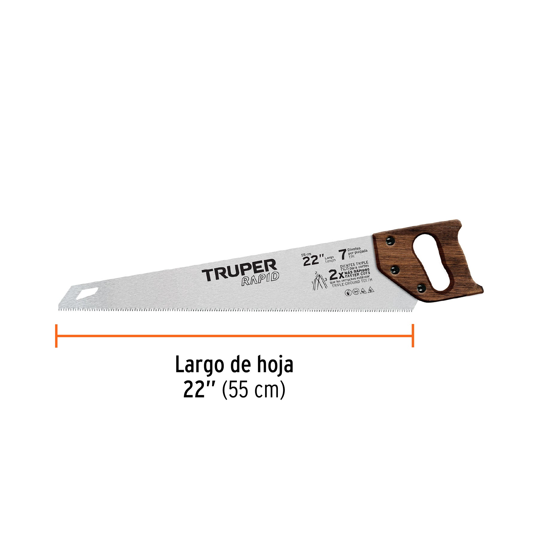 Serrucho Rapid 22", 7 DPP, mango de madera, TRUPER