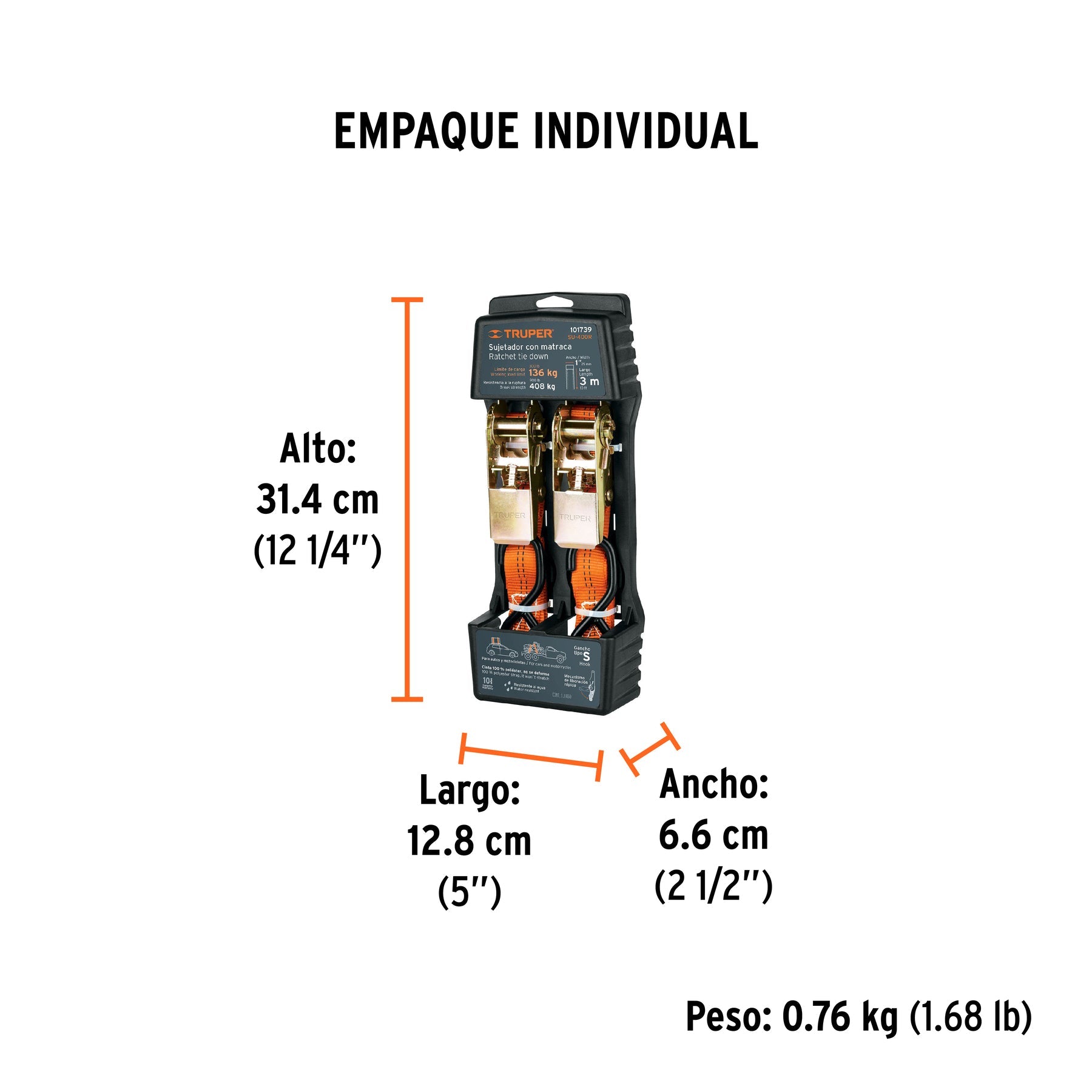 Juego de 2 sujetadores con matraca, carga máxima 408 kg - Empaque