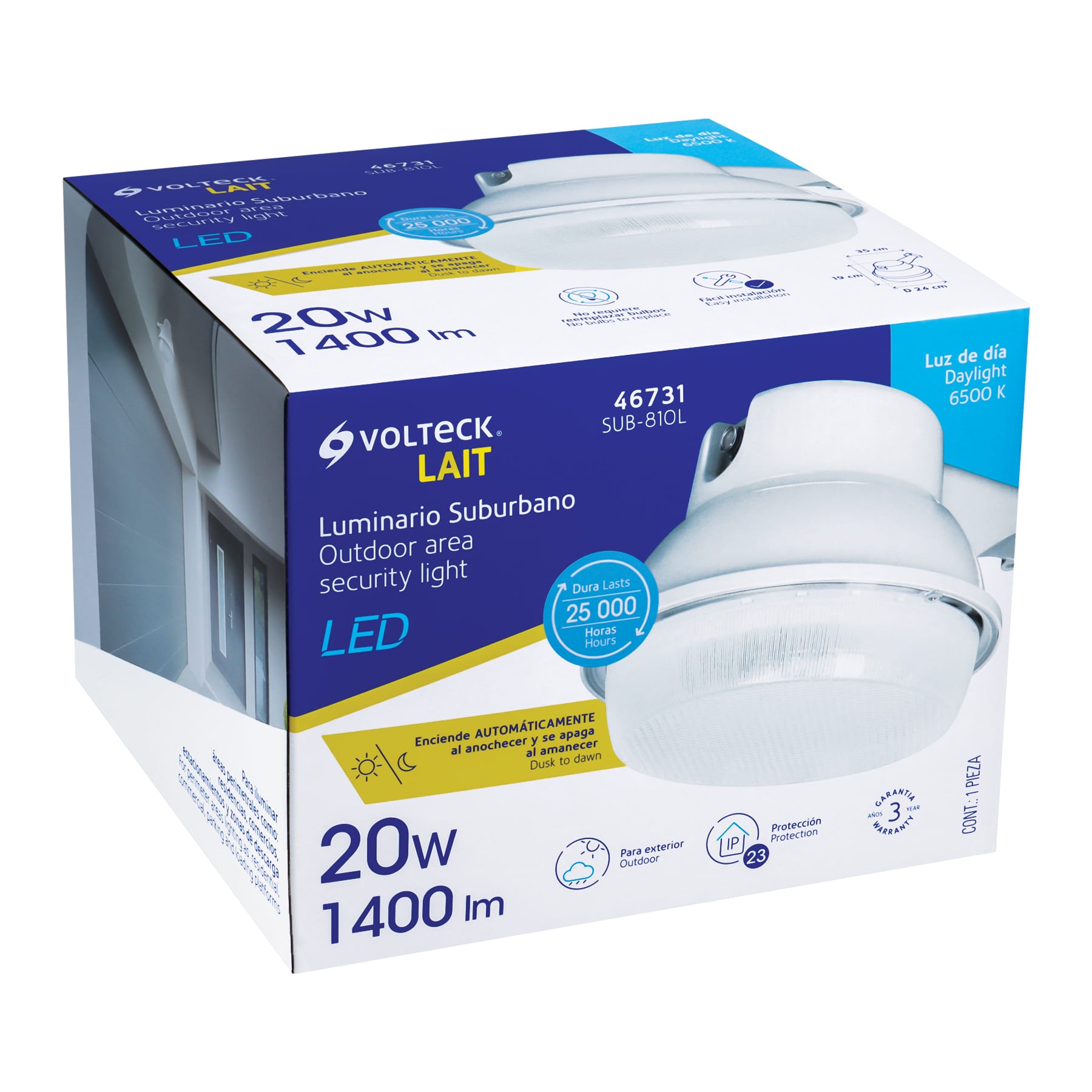Luminario suburbano de LED 20 W con sensor de luz, VOLTECK