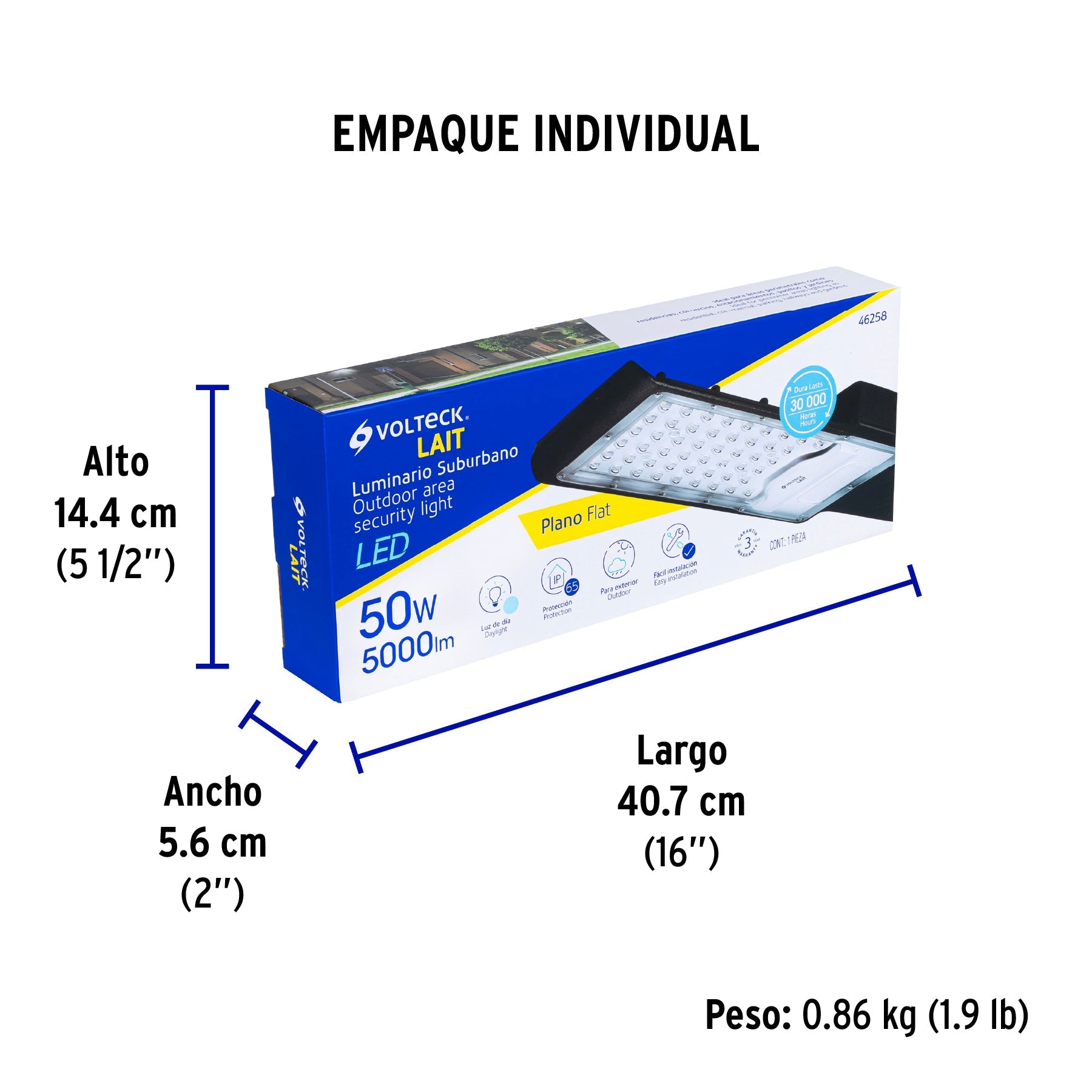 Luminario suburbano LED 50 W 6500 K, plano, VOLTECK - Empaque