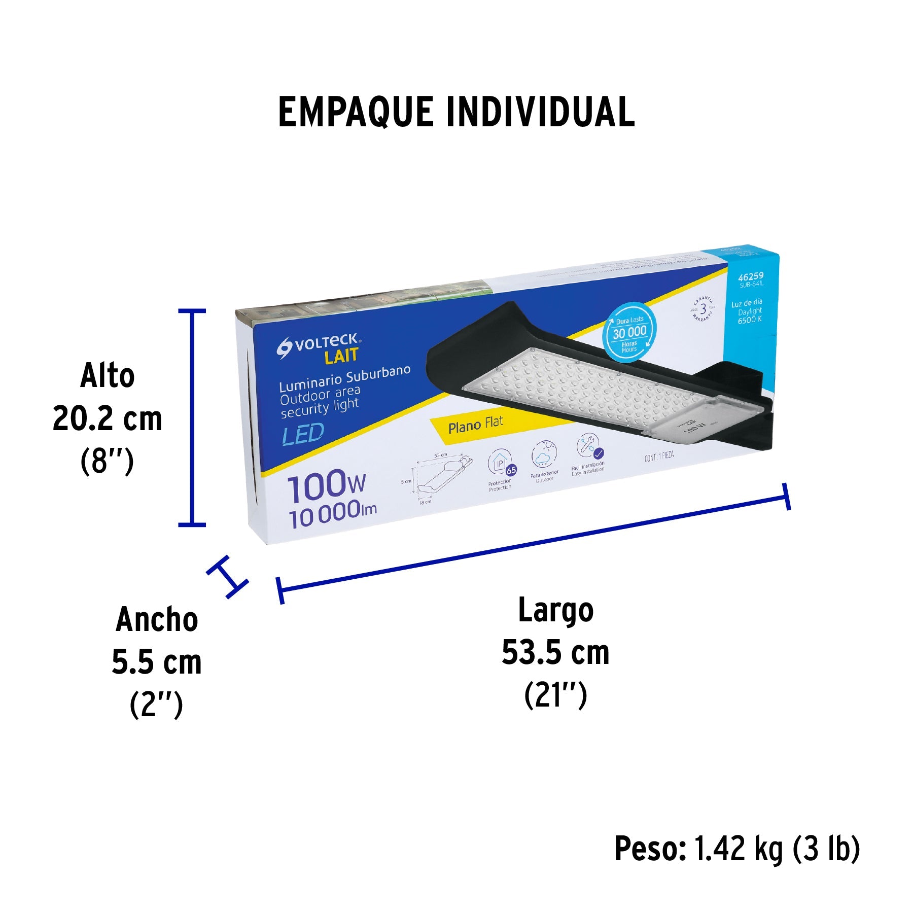 Luminario suburbano LED 100 W 6500 K, plano, VOLTECK - Empaque