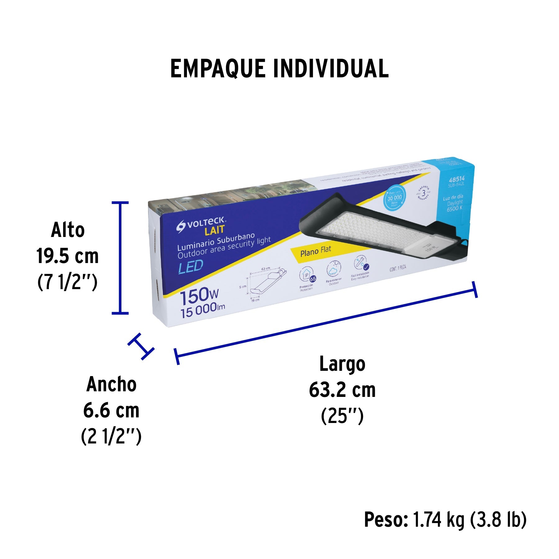 Luminario suburbano LED 150 W 6500 K, plano, VOLTECK - Empaque