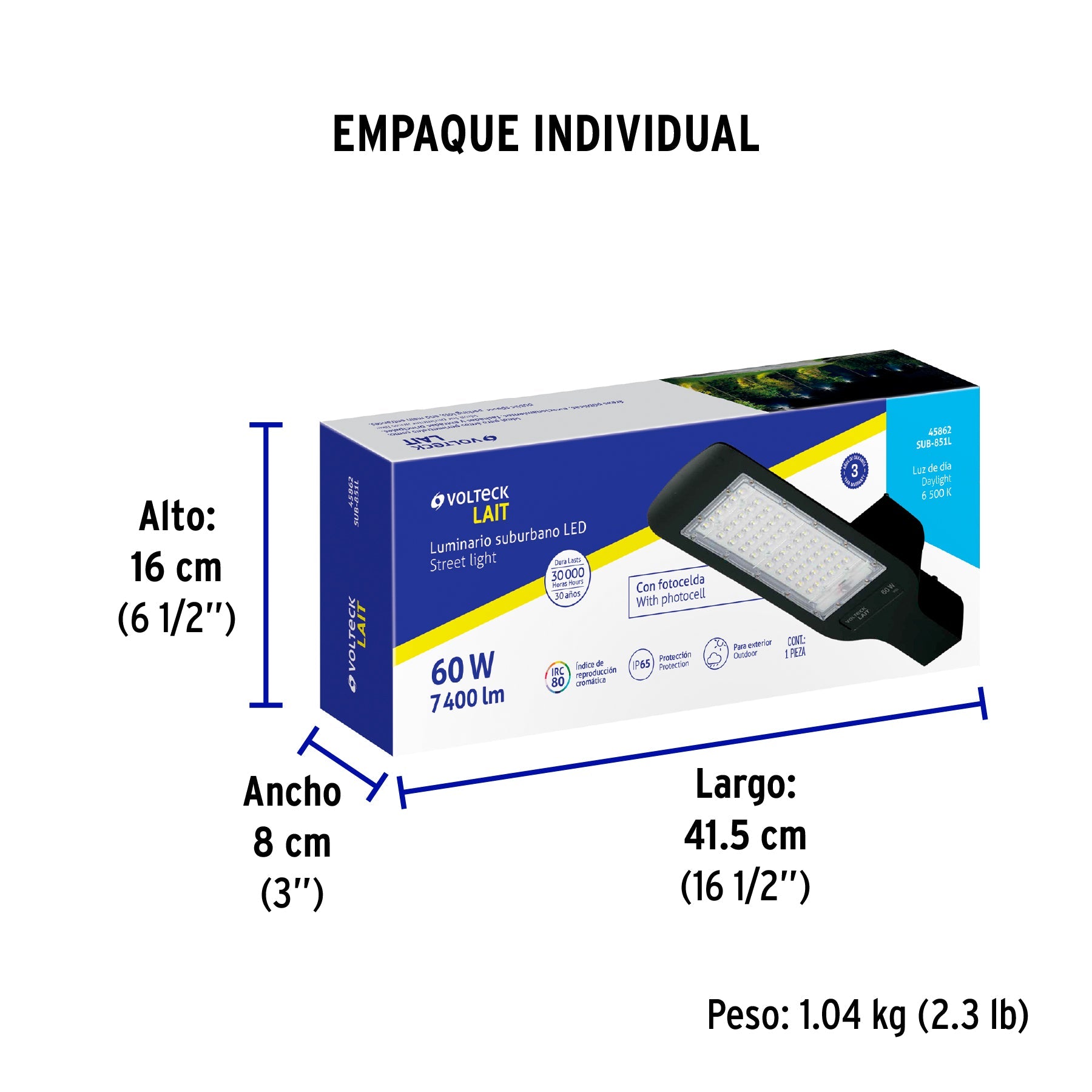 Luminario suburbano LED 60 W 6500 K, sensor de luz, VOLTECK - Empaque