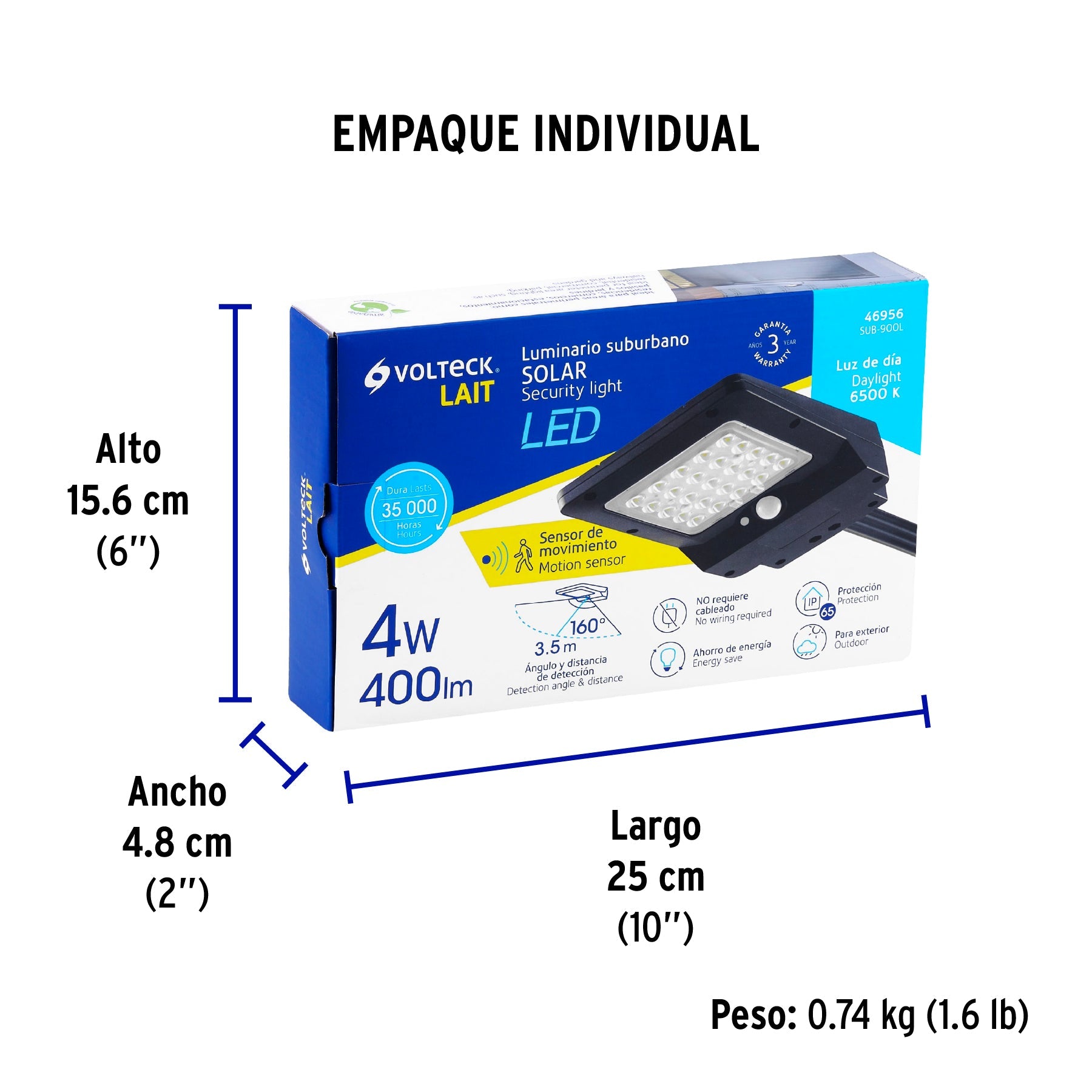 Luminario suburbano solar LED 4 W 6500 K con sensor de luz - Empaque