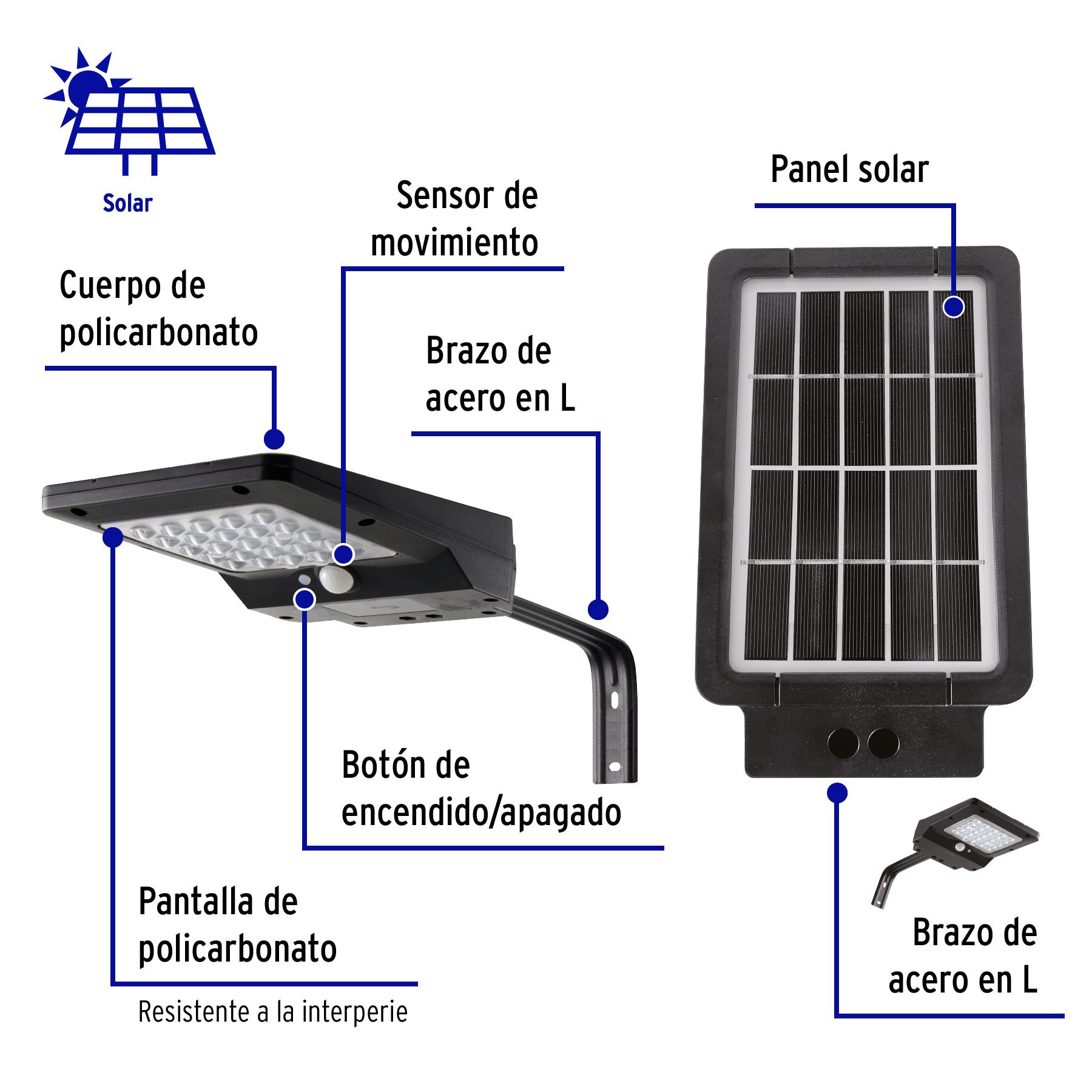 Luminario suburbano solar LED 4 W 6500 K con sensor de luz