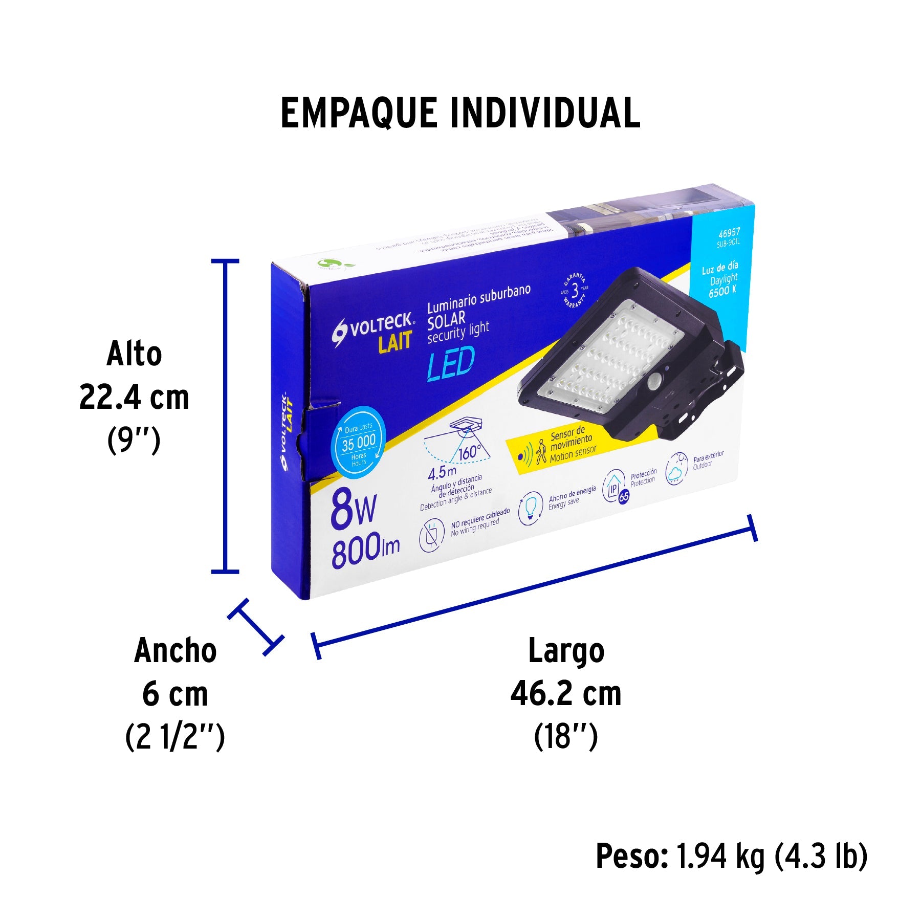 Luminario suburbano solar LED 8 W 6500 K con sensor de luz - Empaque