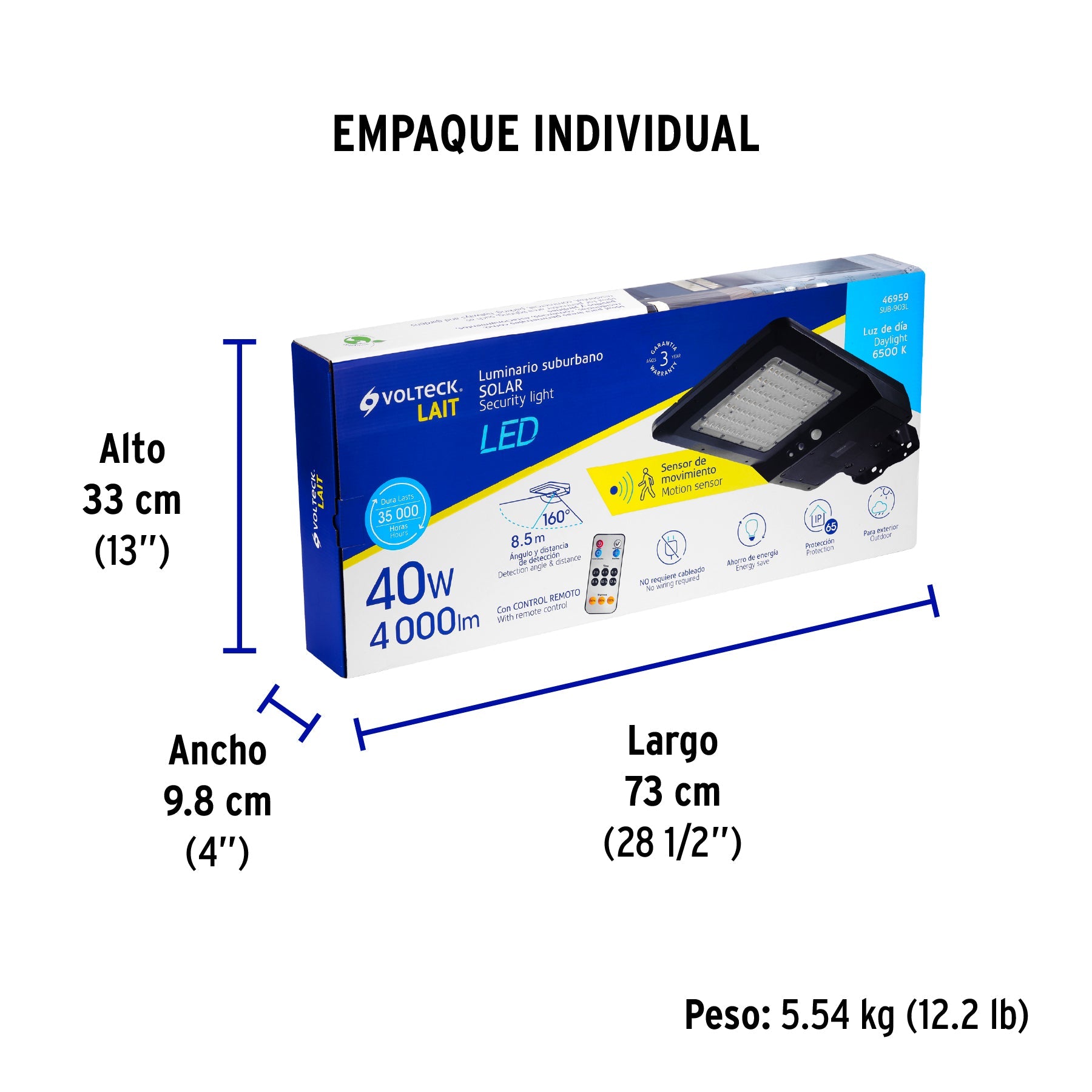 Luminario suburbano solar LED 40 W 6500 K con control remoto - Empaque