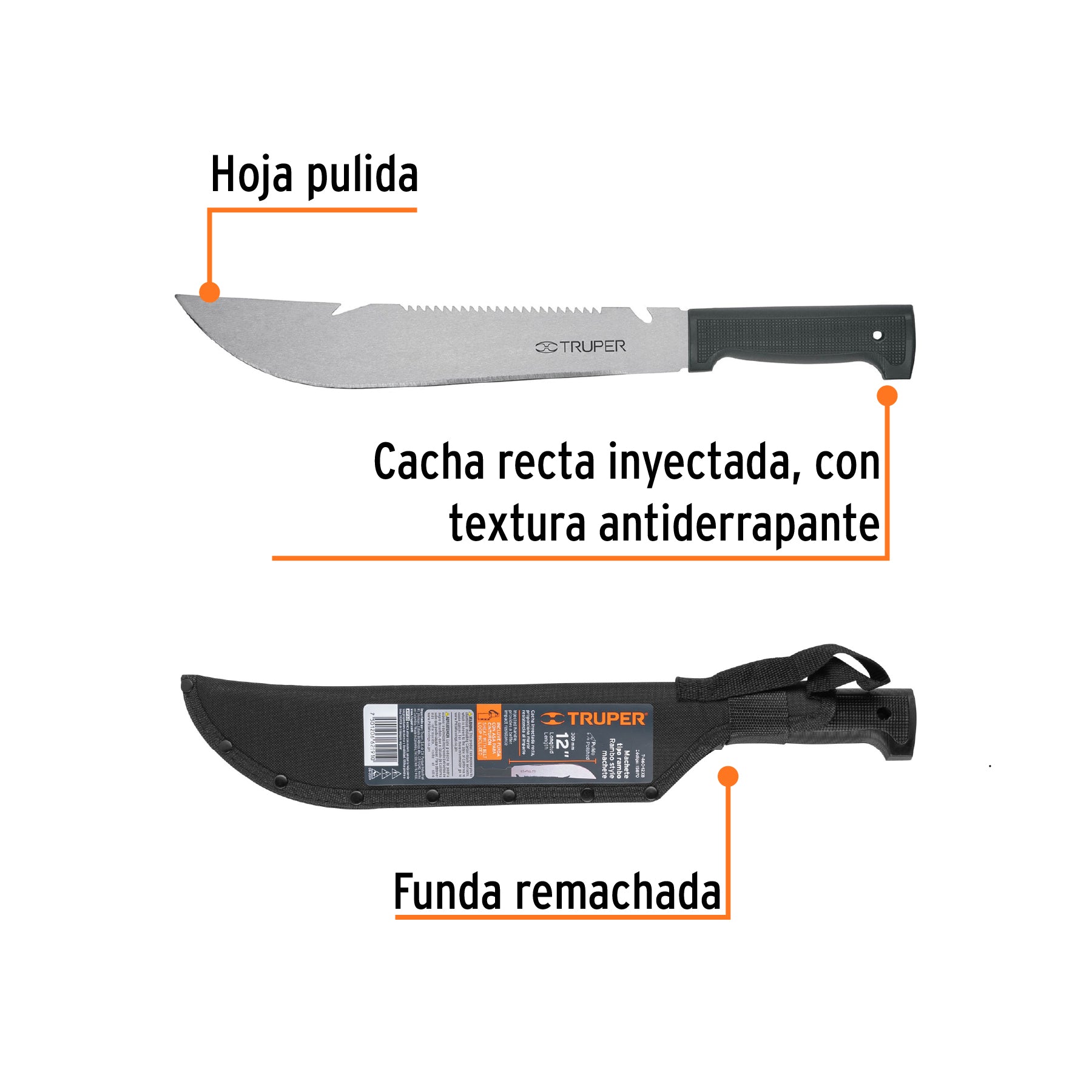 Machete rambo 12", cacha inyectada negra, con funda, TRUPER