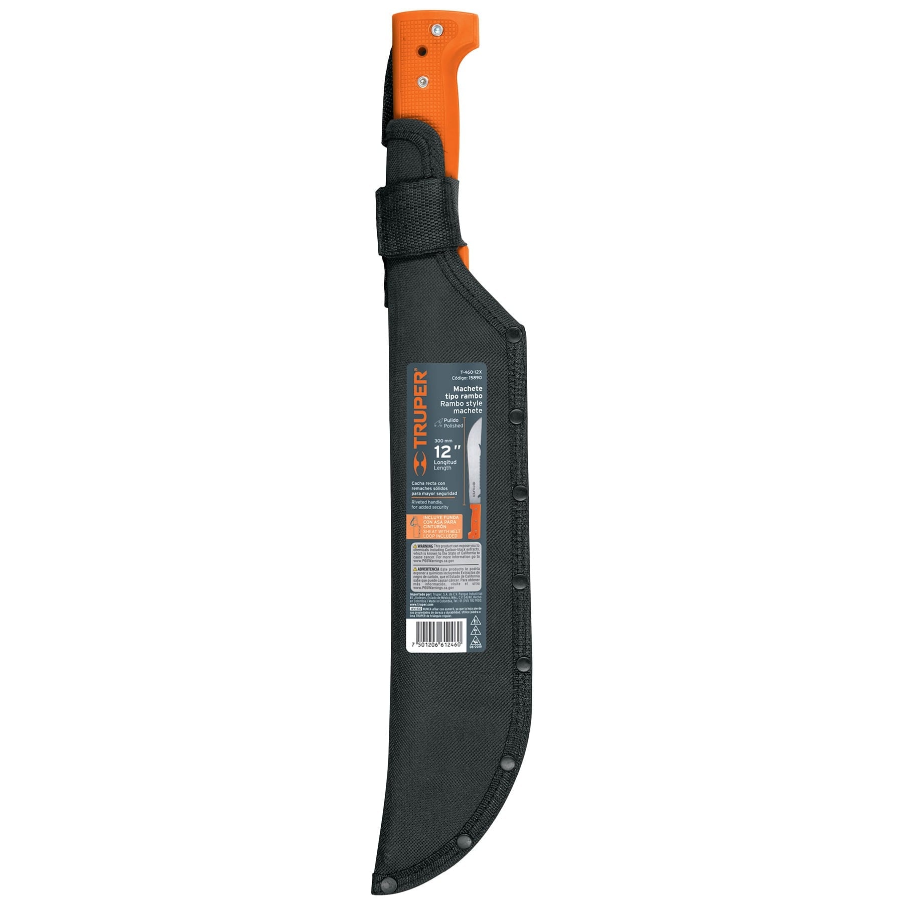 Machete rambo 12",cacha remachada naranja, con funda, TRUPER