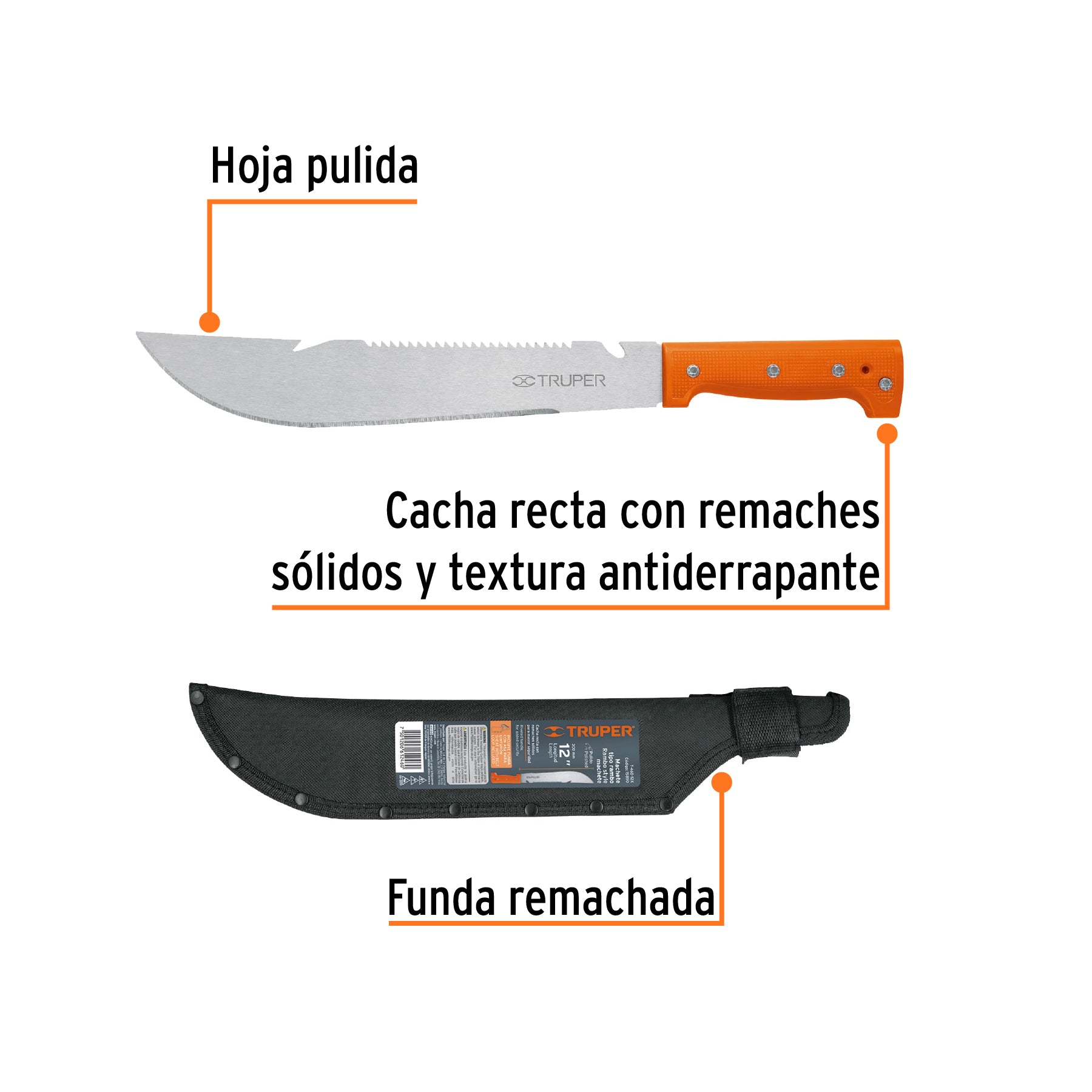 Machete rambo 12",cacha remachada naranja, con funda, TRUPER