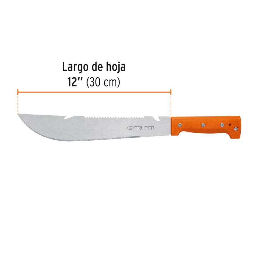Machete rambo 12",cacha remachada naranja, con funda, TRUPER
