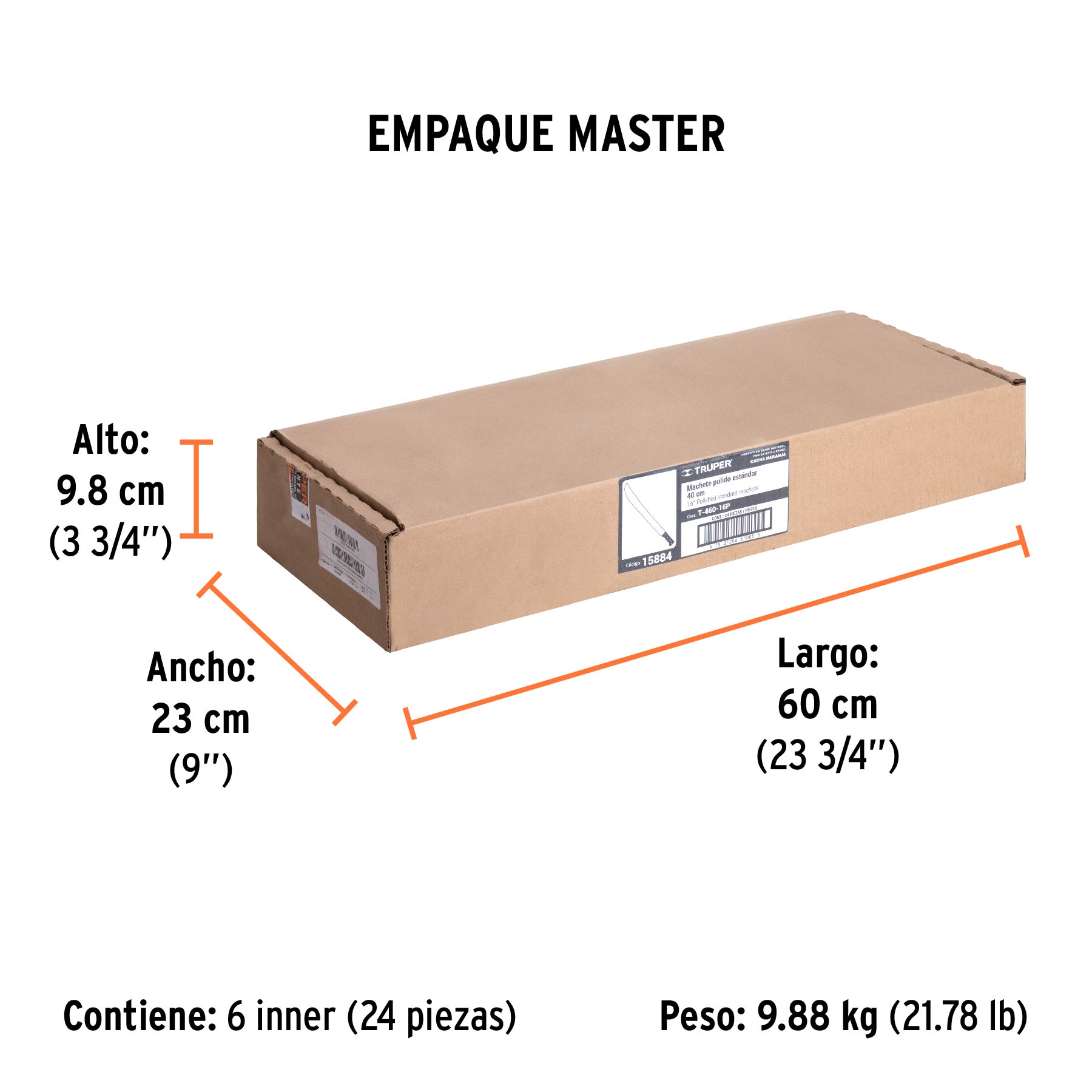 Machete estándar 16" cacha naranja remachada, TRUPER - Empaque