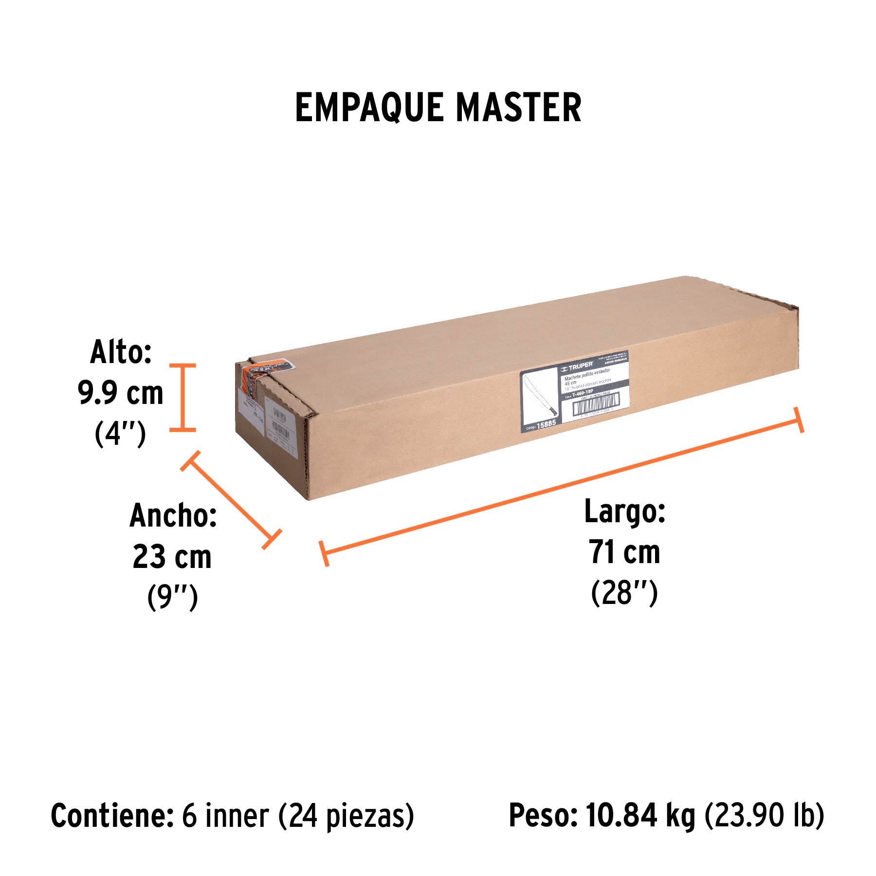 Machete estándar 18" cacha naranja remachada, TRUPER - Empaque