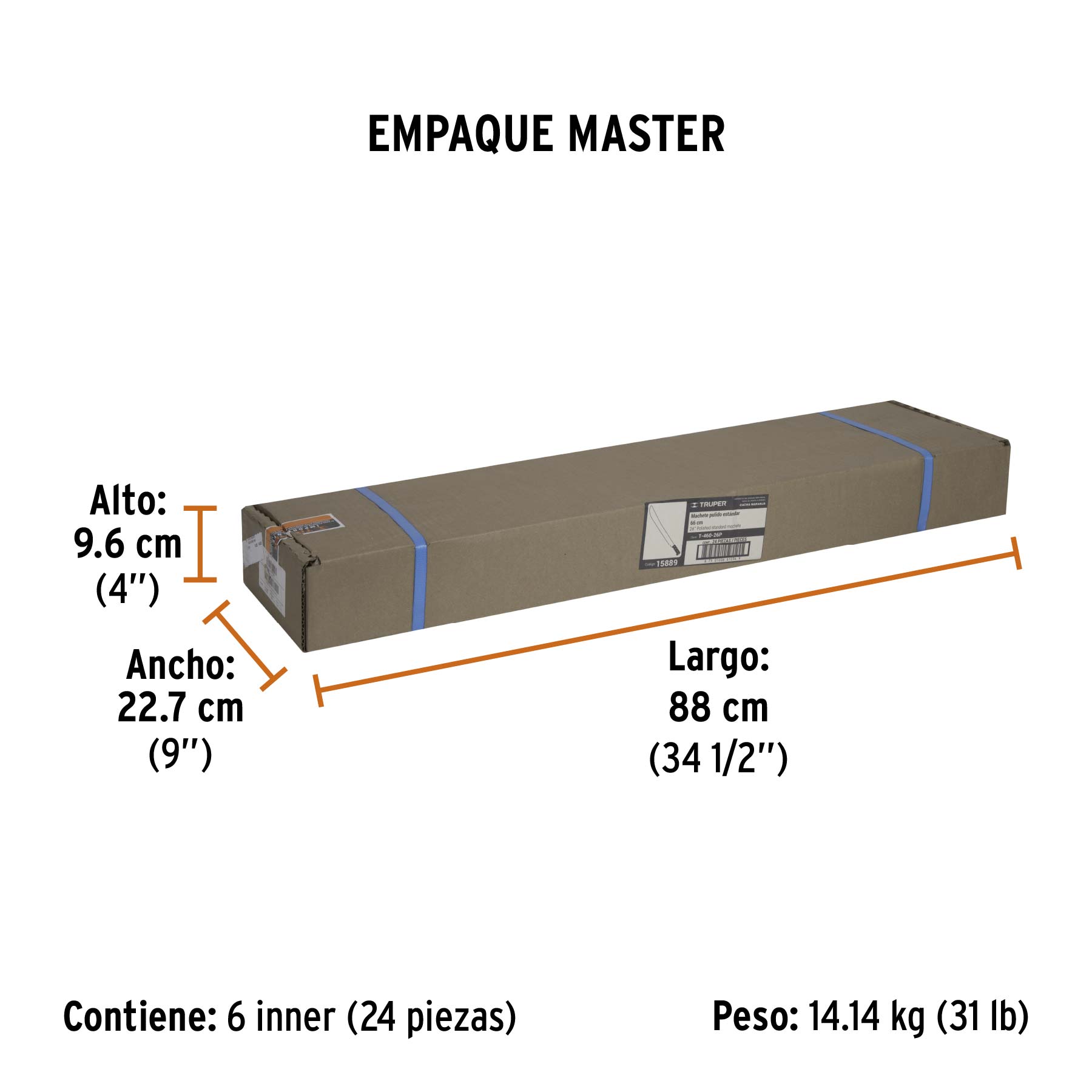 Machete estándar 26" cacha naranja remachada, TRUPER - Empaque