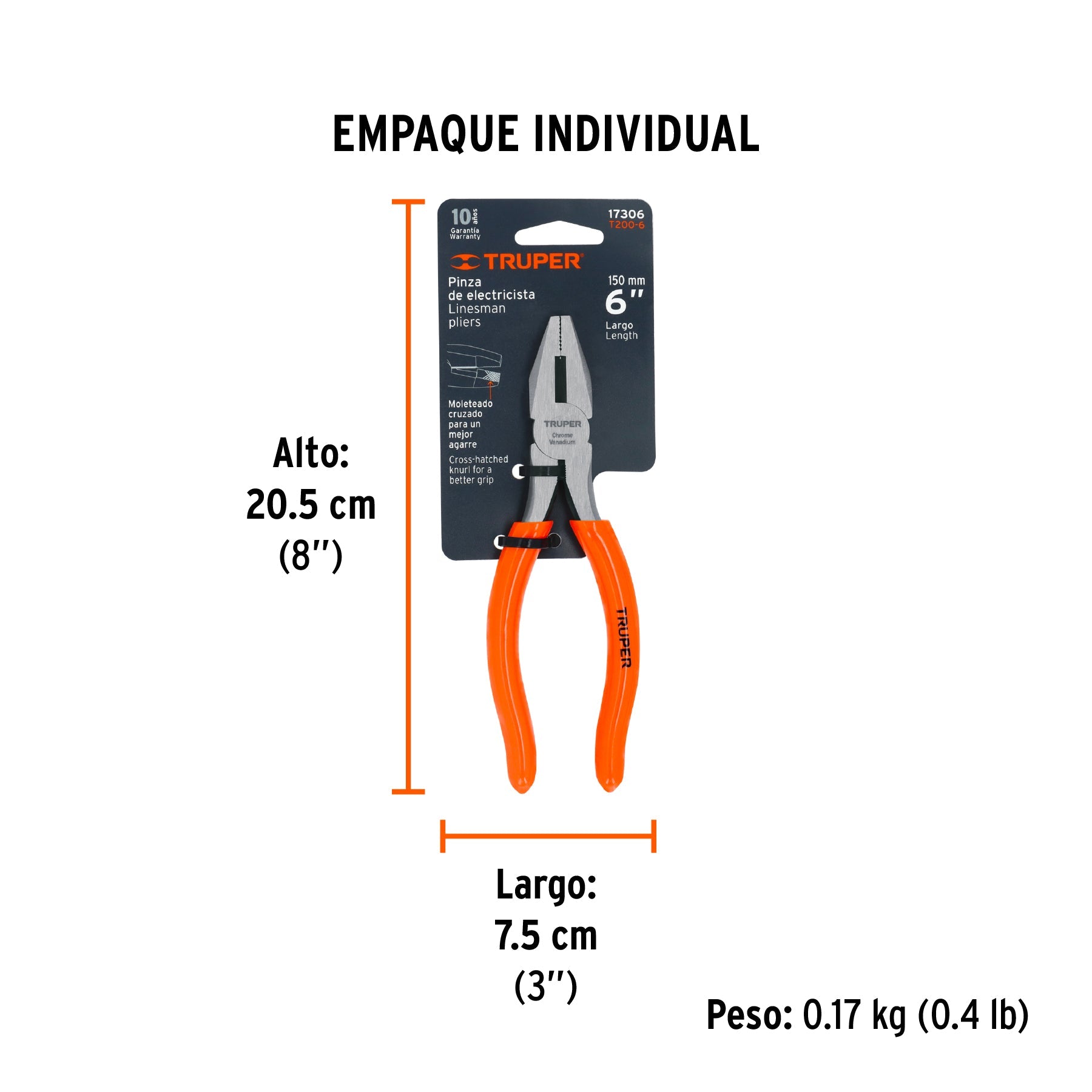 Pinza para electricista 6" mango de PVC, TRUPER - Empaque