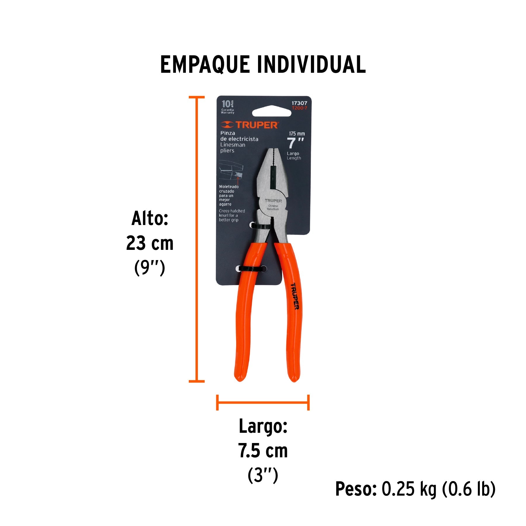 Pinza para electricista 7" mango de PVC, TRUPER - Empaque