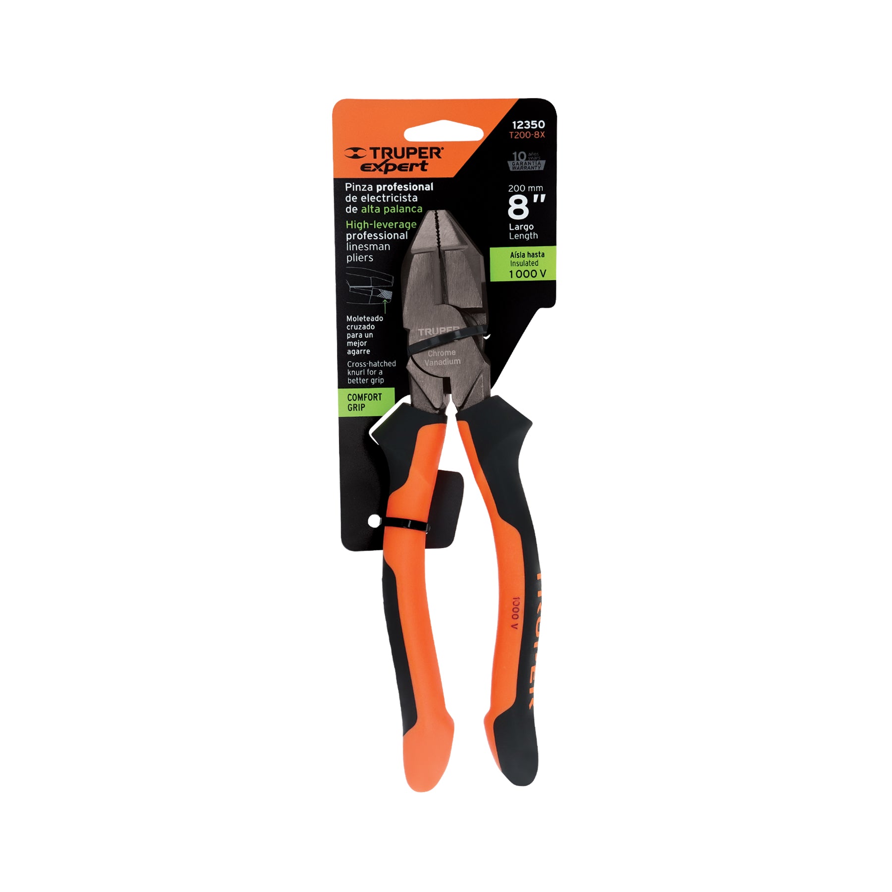 Pinza electricista 8" uso rudo, alta palanca, Comfort Grip