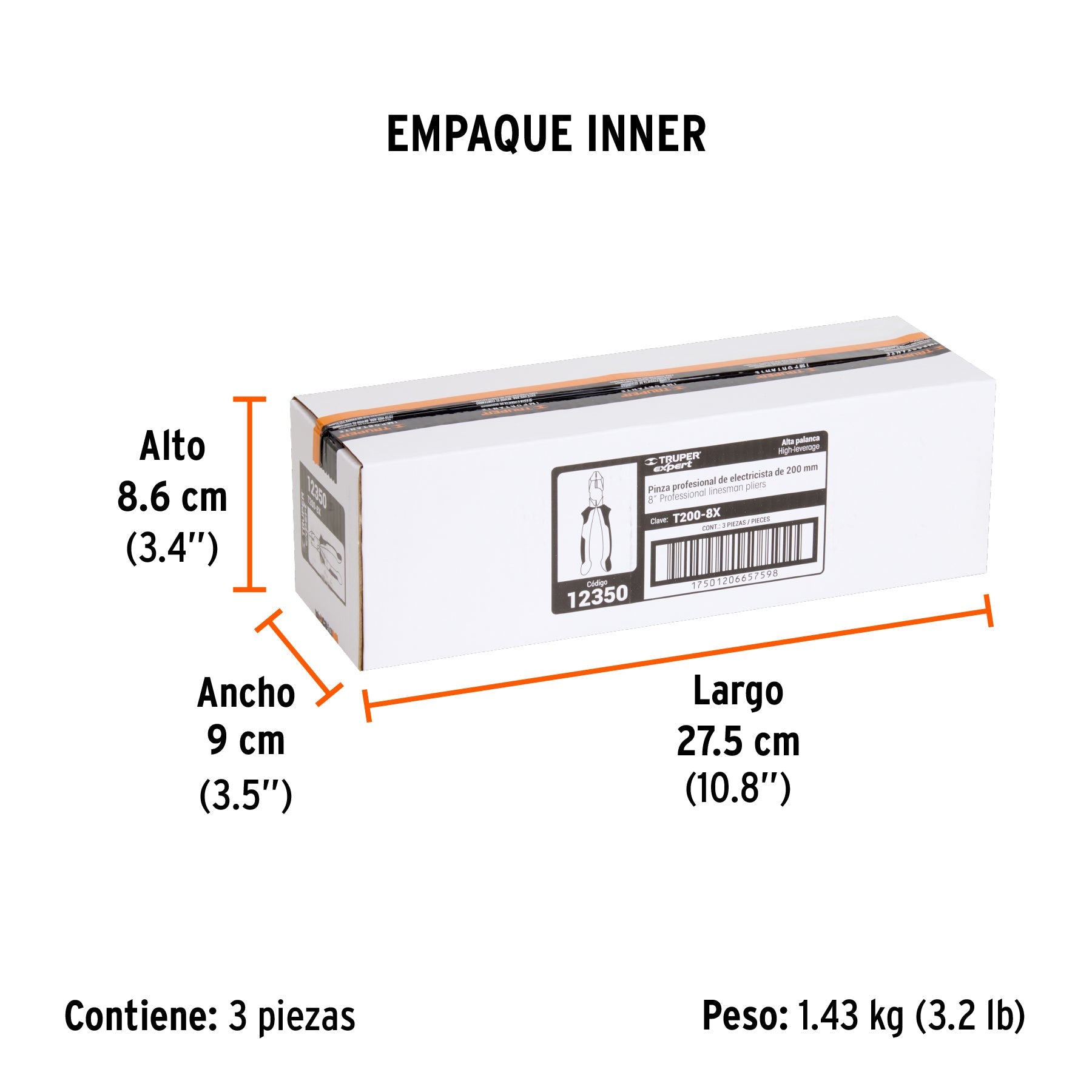 Pinza electricista 8" uso rudo, alta palanca, Comfort Grip - Empaque