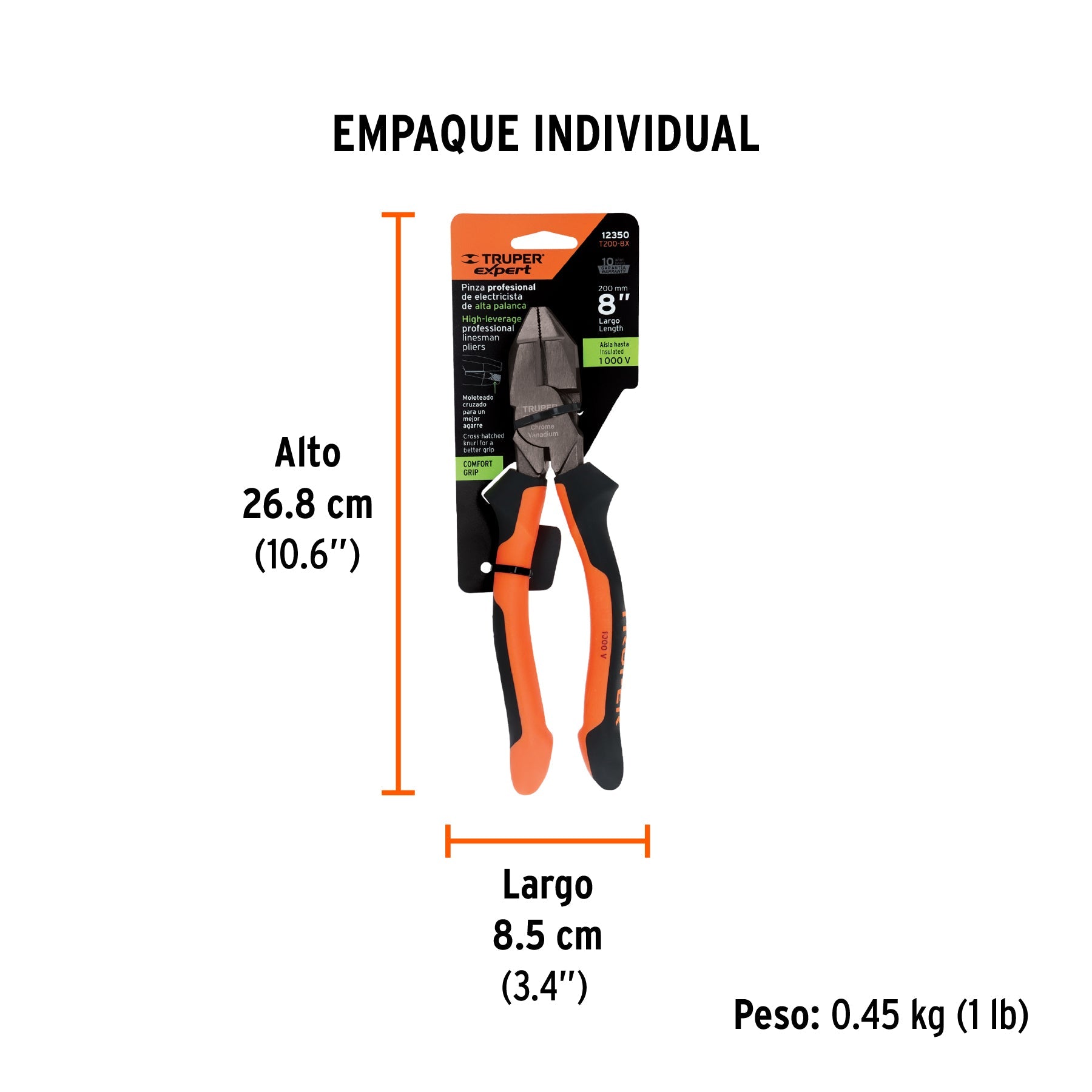 Pinza electricista 8" uso rudo, alta palanca, Comfort Grip - Empaque