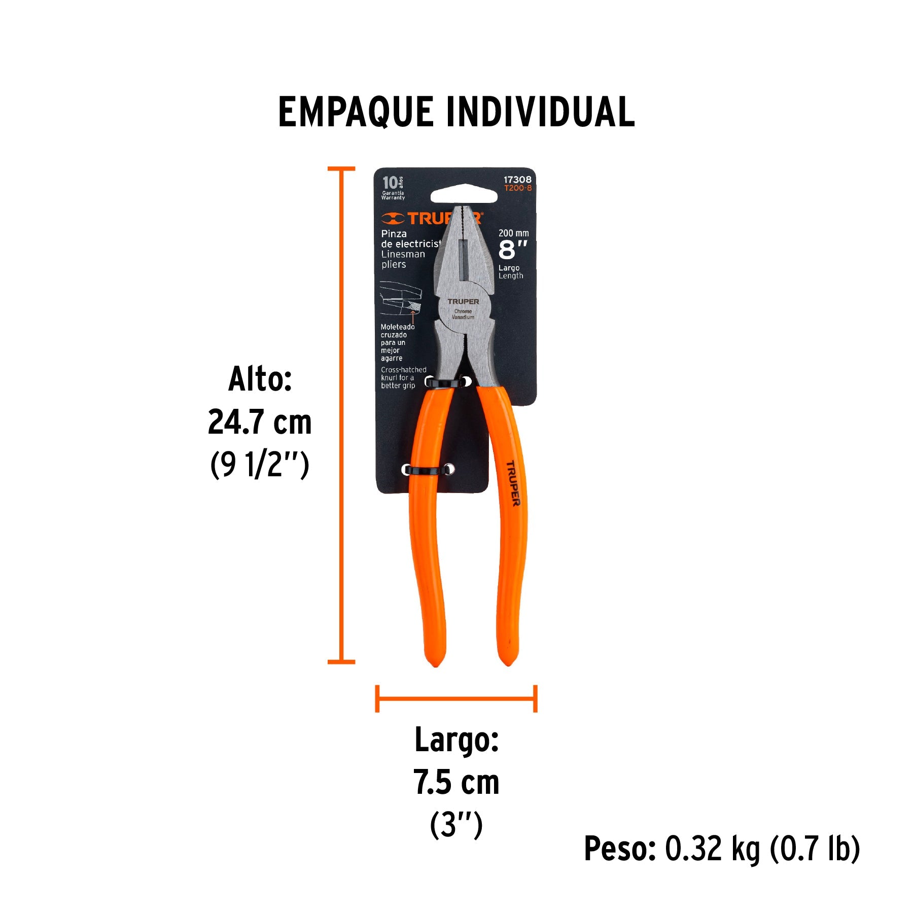Pinza para electricista 8" mango de PVC, TRUPER - Empaque