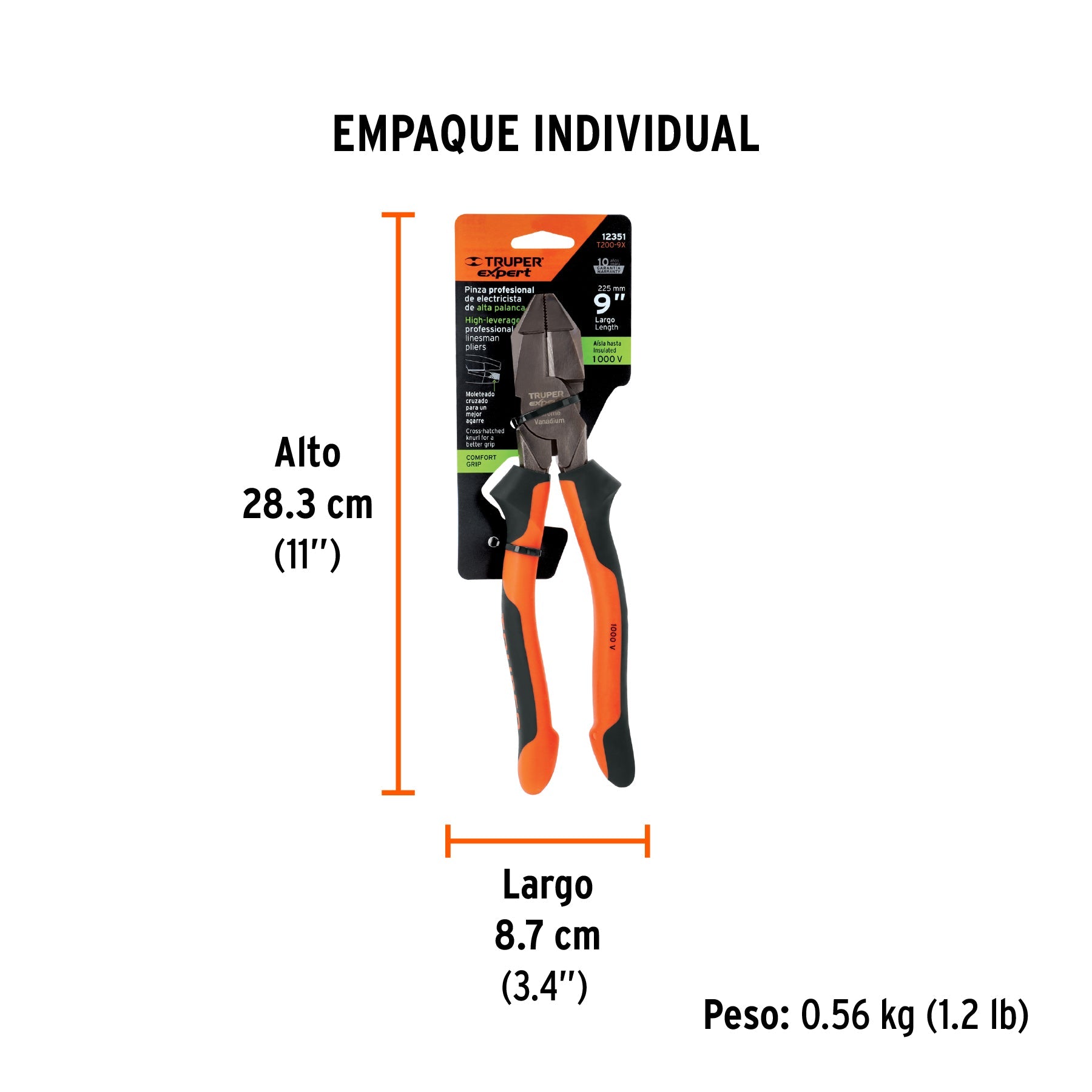 Pinza electricista 9" uso rudo, alta palanca, Comfort Grip - Empaque