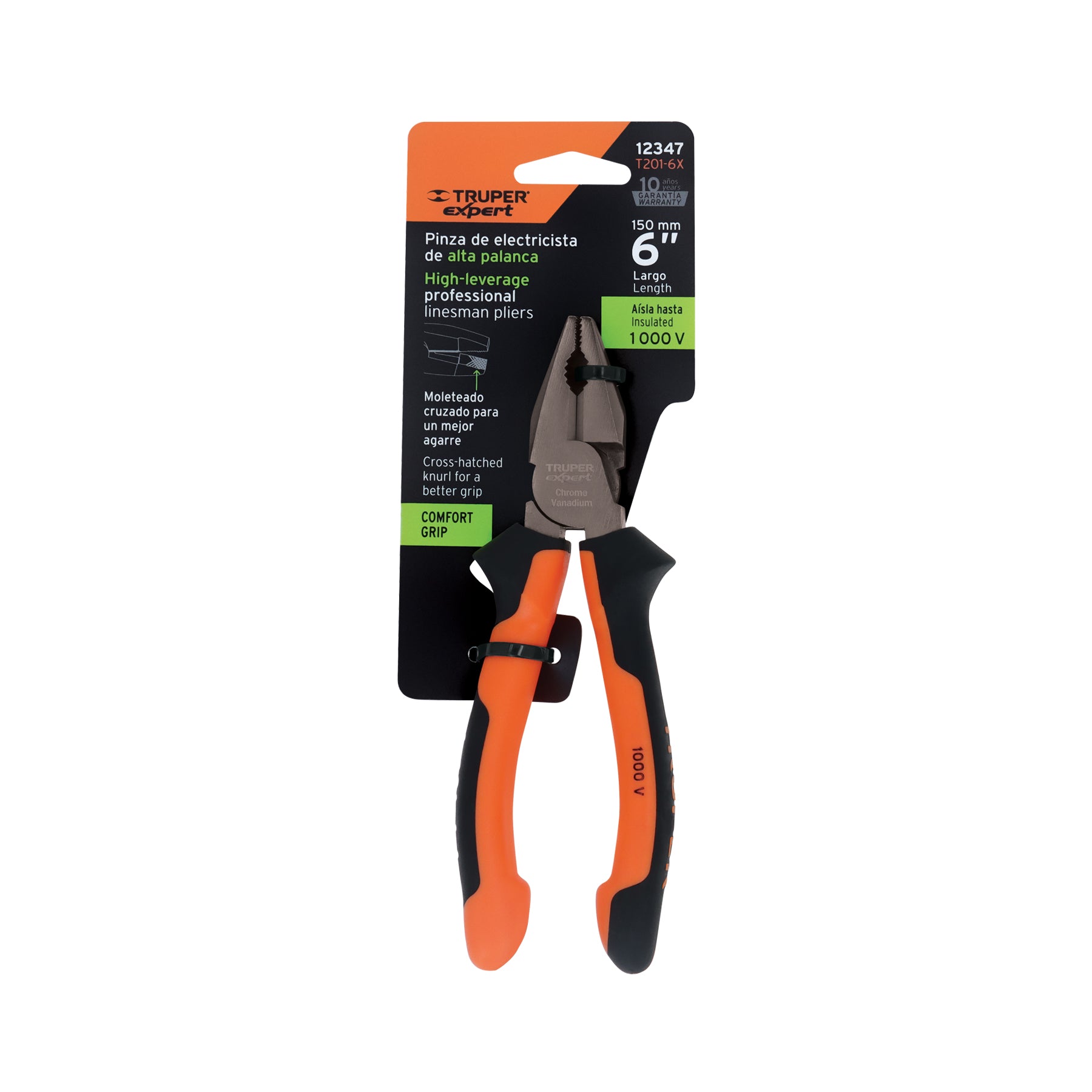 Pinza para electricista 6" alta palanca, Comfort Grip,EXPERT