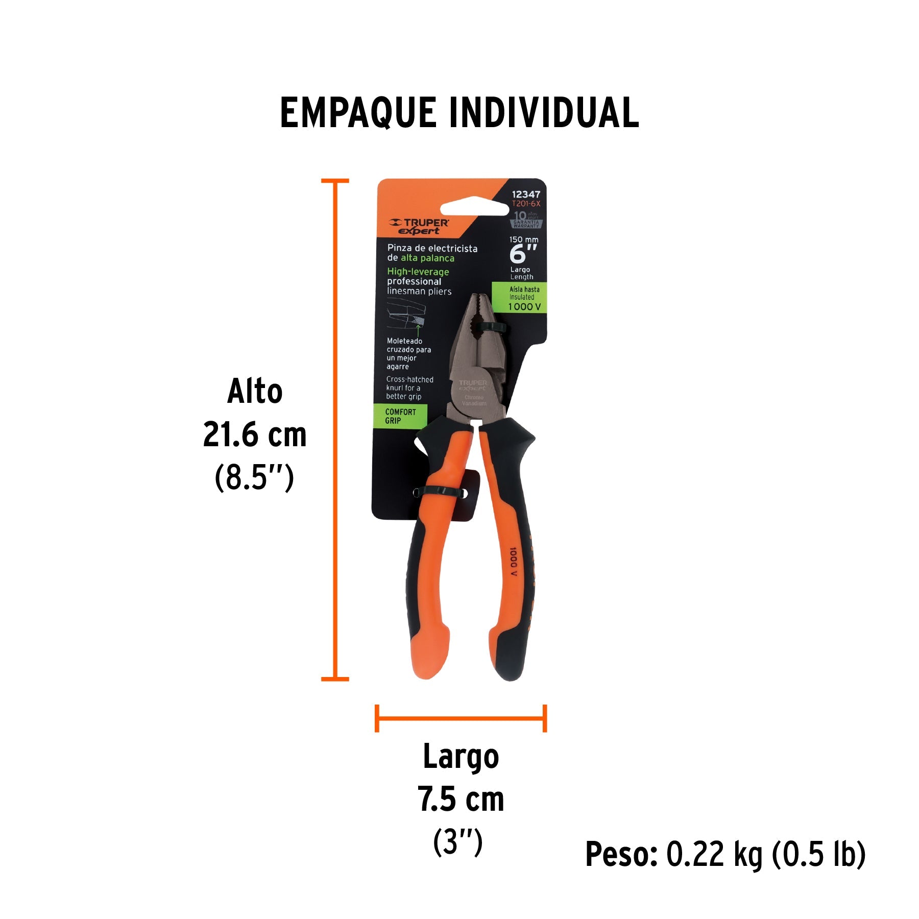Pinza para electricista 6" alta palanca, Comfort Grip,EXPERT - Empaque