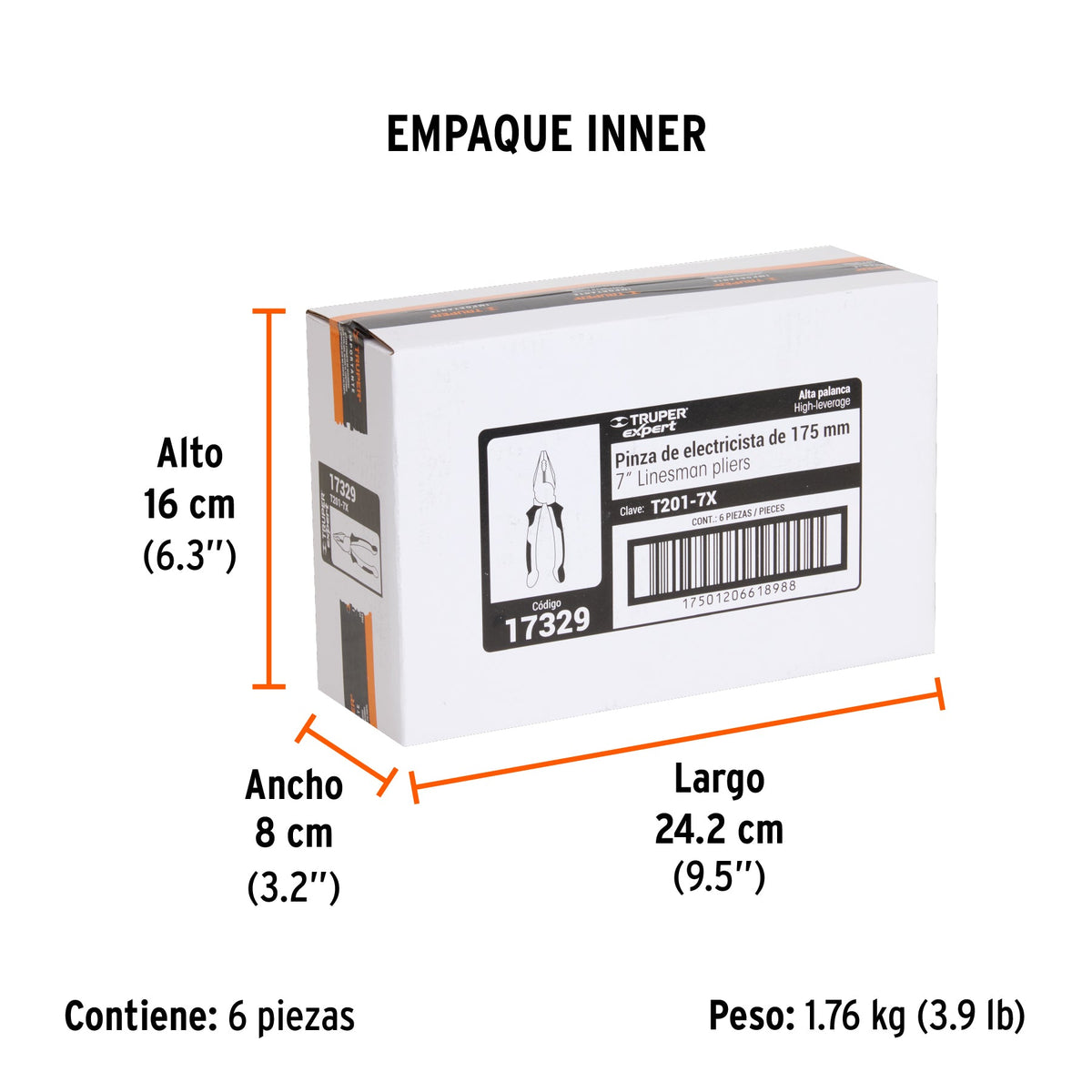 Pinza para electricista 7" alta palanca, Comfort Grip,EXPERT - Empaque