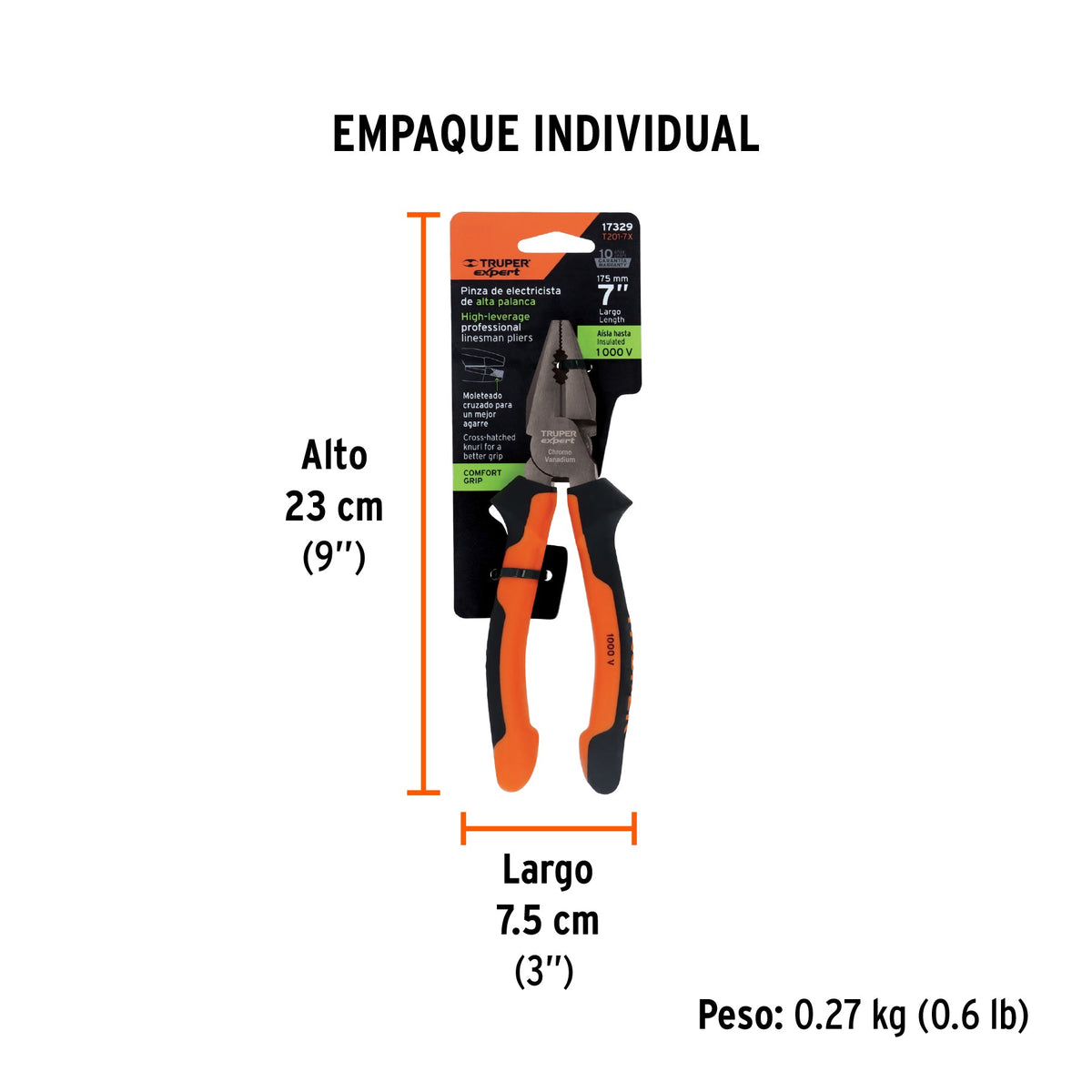 Pinza para electricista 7" alta palanca, Comfort Grip,EXPERT - Empaque
