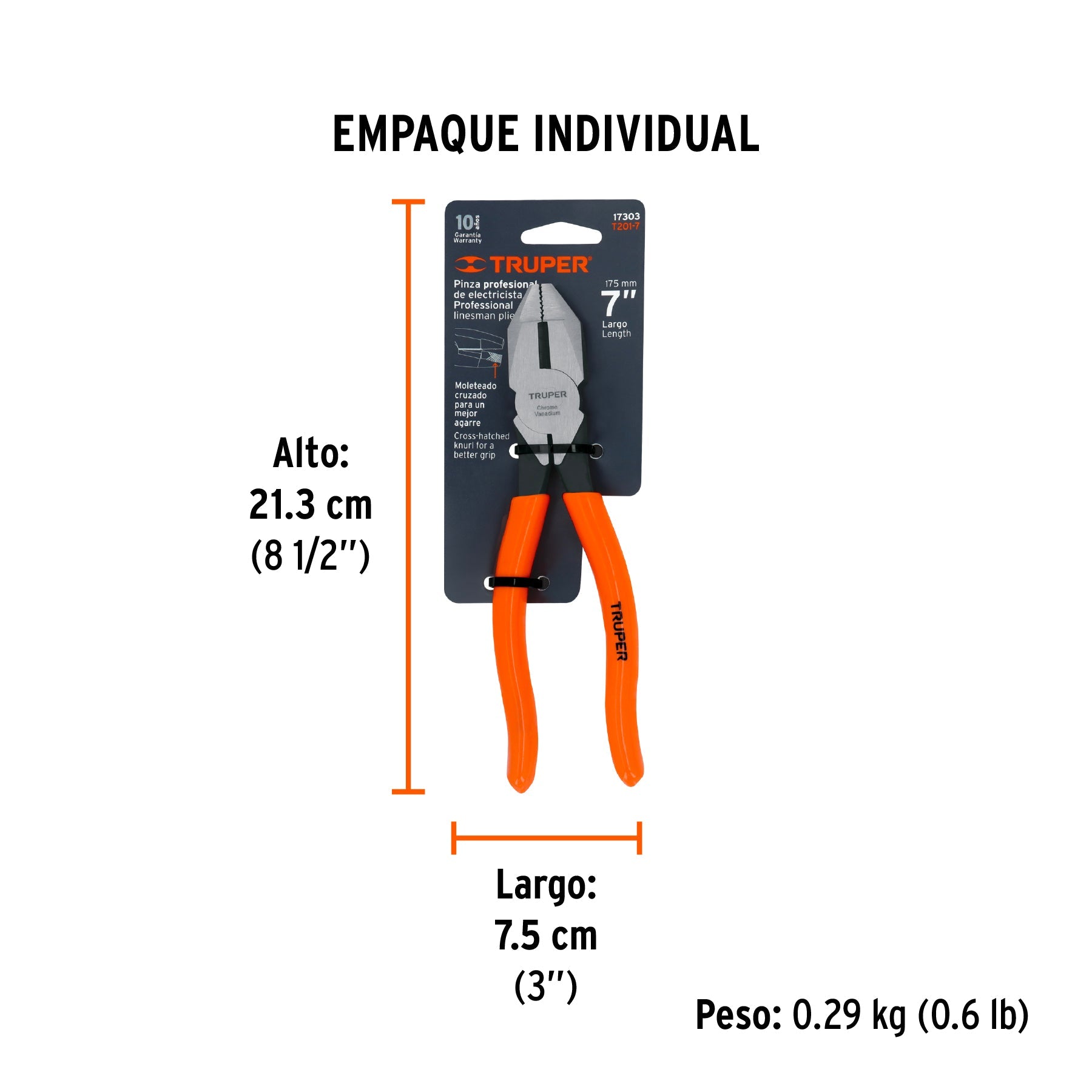 Pinza para electricista 7" uso rudo, mango PVC, TRUPER - Empaque