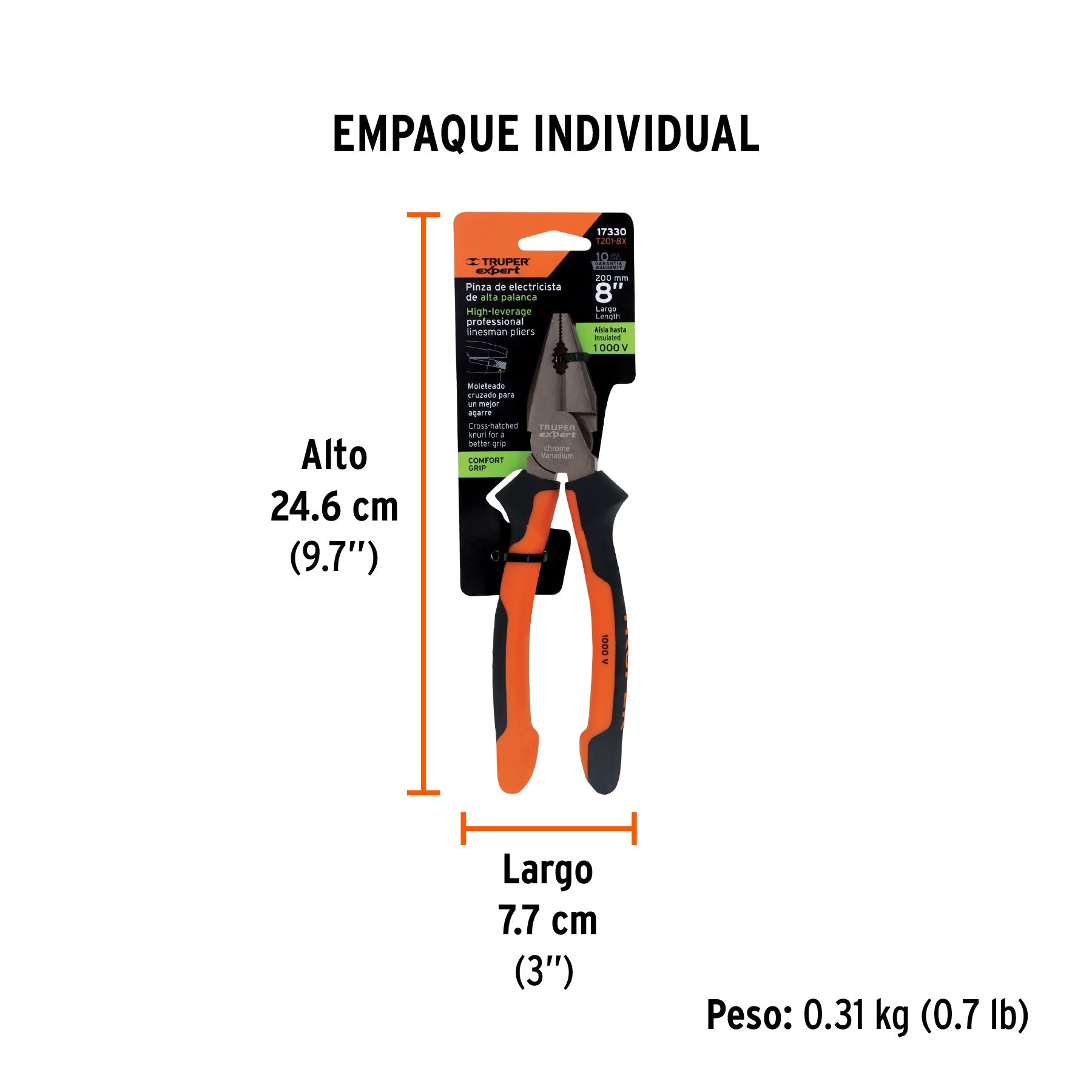 Pinza para electricista 8" alta palanca,Comfort Grip,EXPERT - Empaque