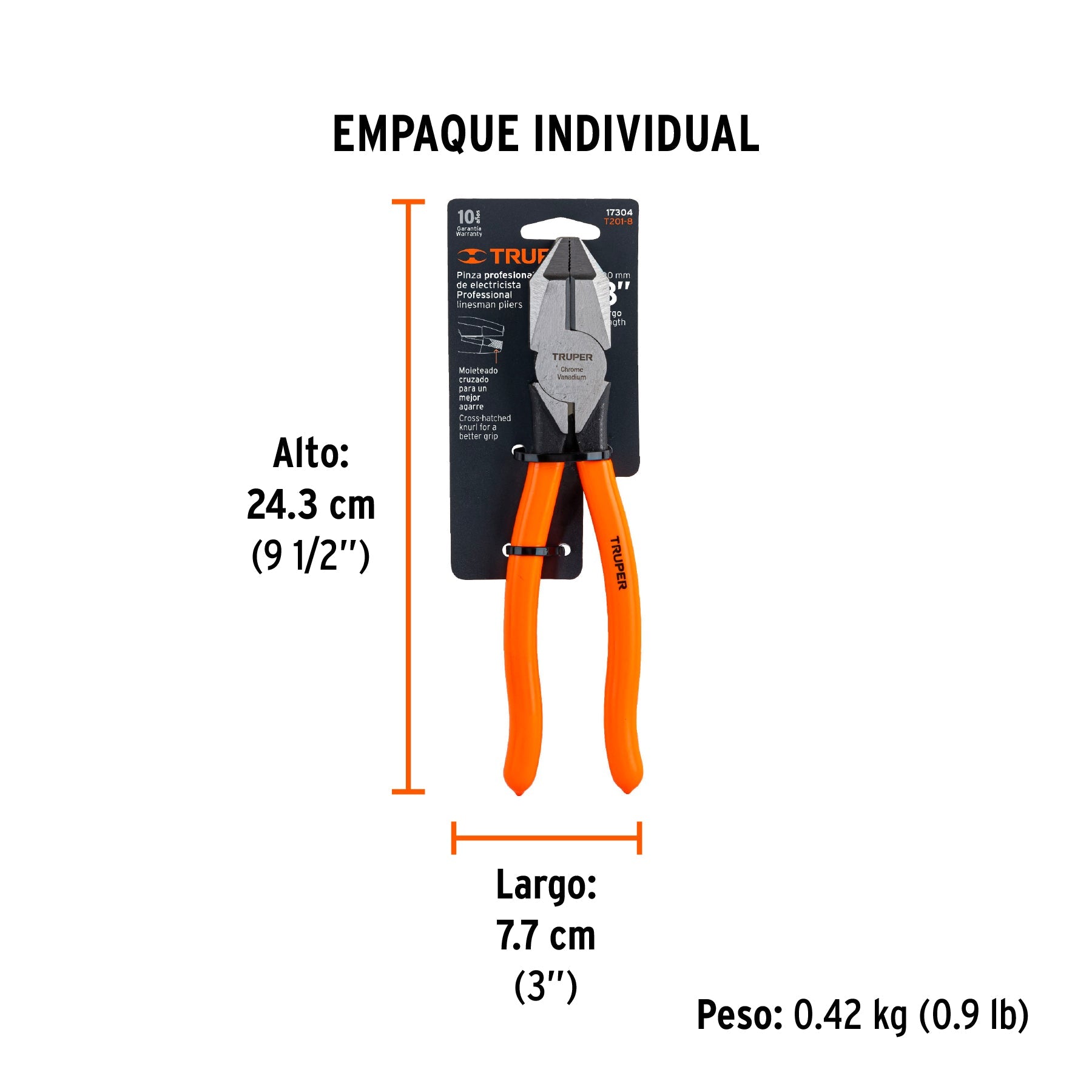 Pinza para electricista 8" uso rudo, mango PVC, TRUPER - Empaque