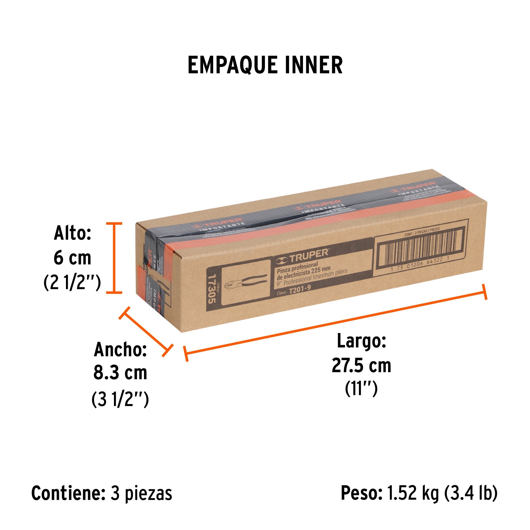 Pinza para electricista 9" uso rudo, mango PVC, TRUPER - Empaque