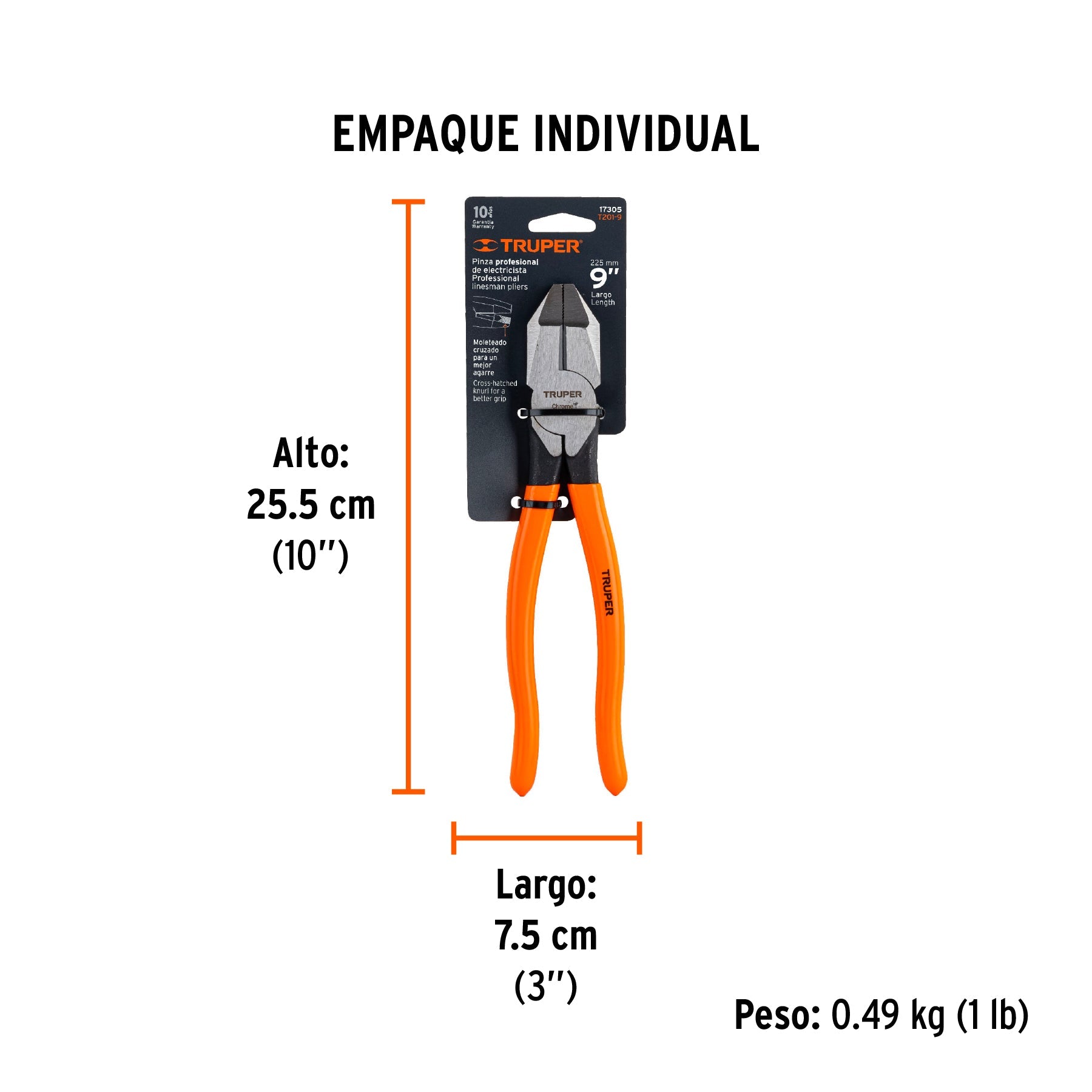 Pinza para electricista 9" uso rudo, mango PVC, TRUPER - Empaque